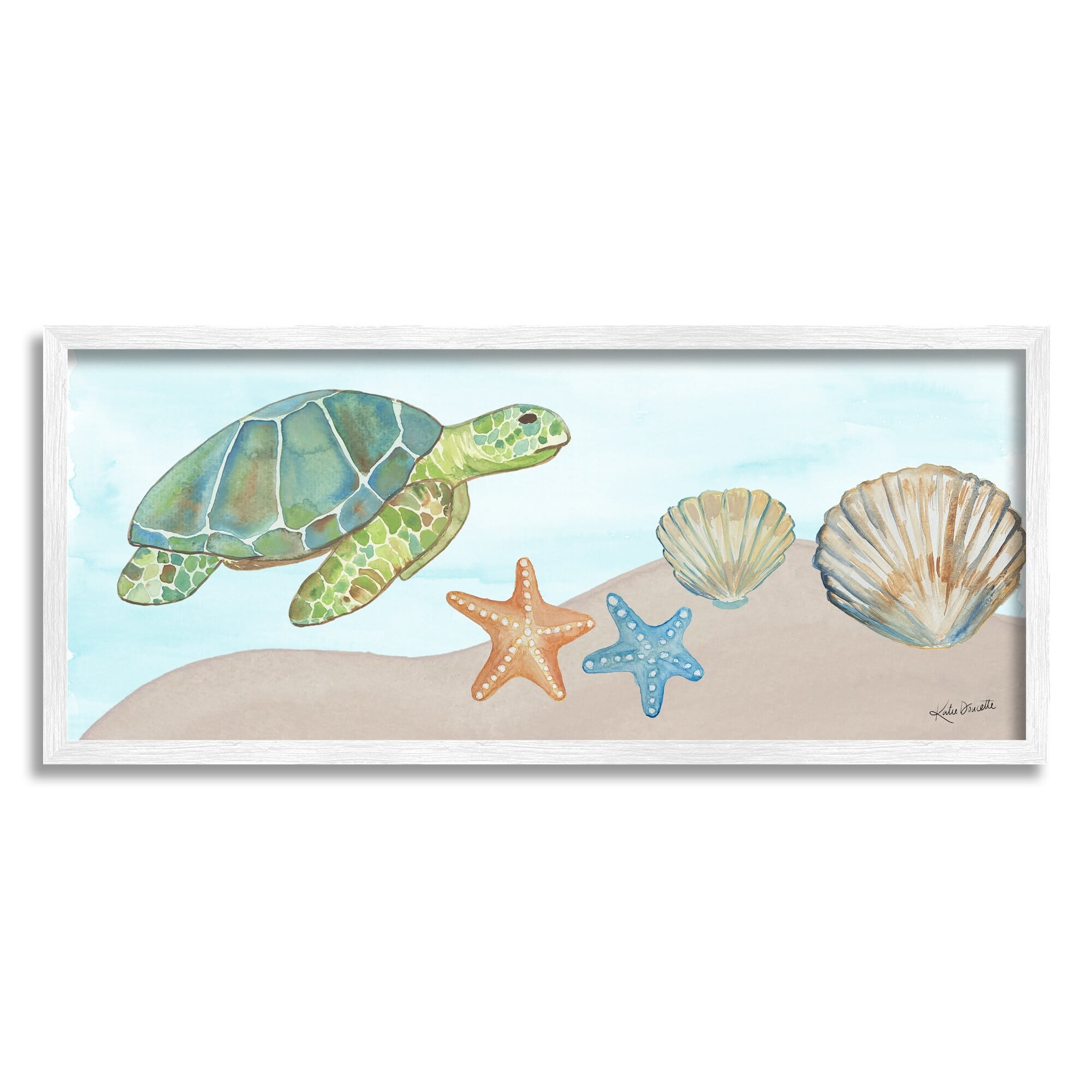 Stupell Industries Green Turtle Swimming Starfish Shells Sea Life Painting White Framed Art Print Wall Art, Design by Katie Doucette
