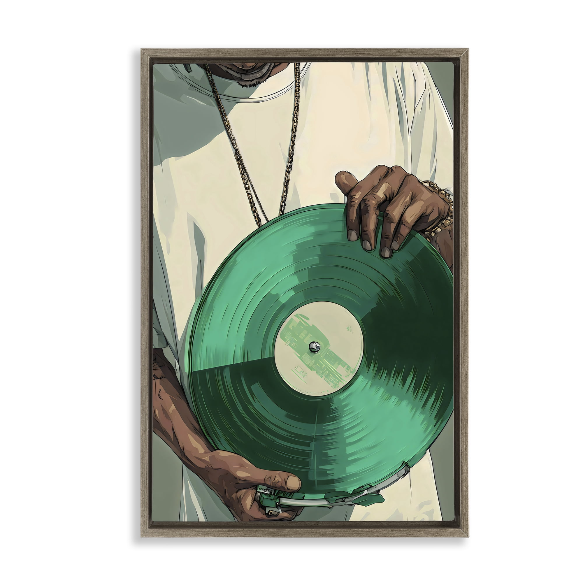 Stupell Industries Green Vinyl Record Portrait Brown Framed Floater Canvas Wall Art, design by Franklyn Gregory