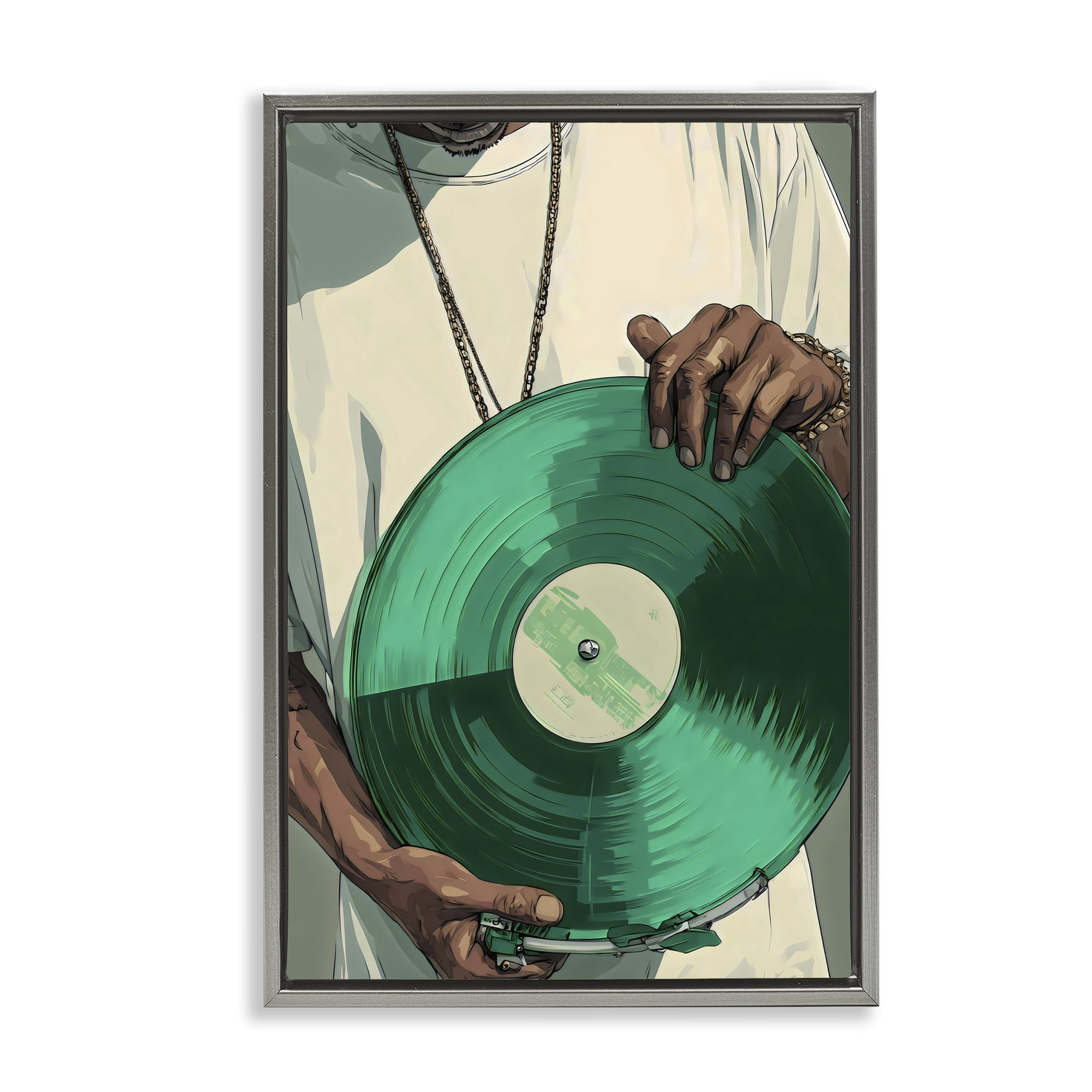 Stupell Industries Green Vinyl Record Portrait Gray Framed Floater Canvas Wall Art, design by Franklyn Gregory