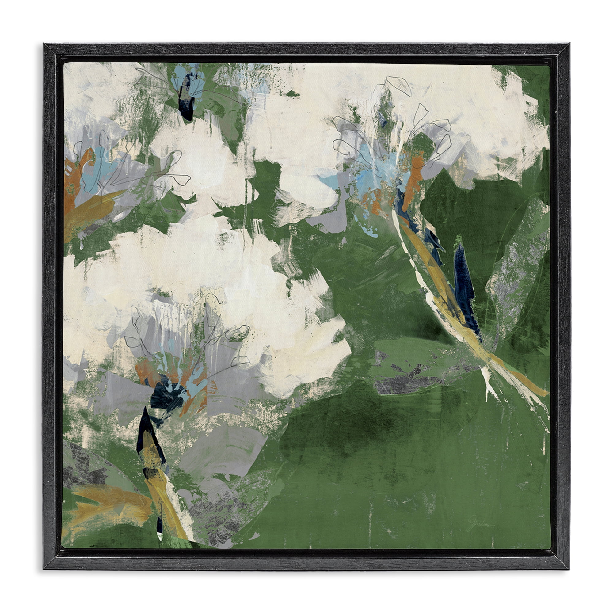 Stupell Industries Green & White Botanicals Plants & Flowers Painting Black Floater Framed Canvas Art Print Wall Art, 18 x 18