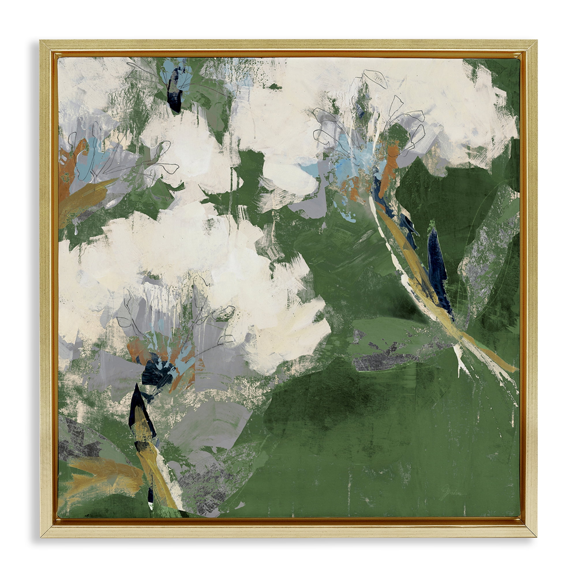 Stupell Industries Green & White Botanicals Plants & Flowers Painting Gold Floater Framed Canvas Art Print Wall Art, 25 x 25