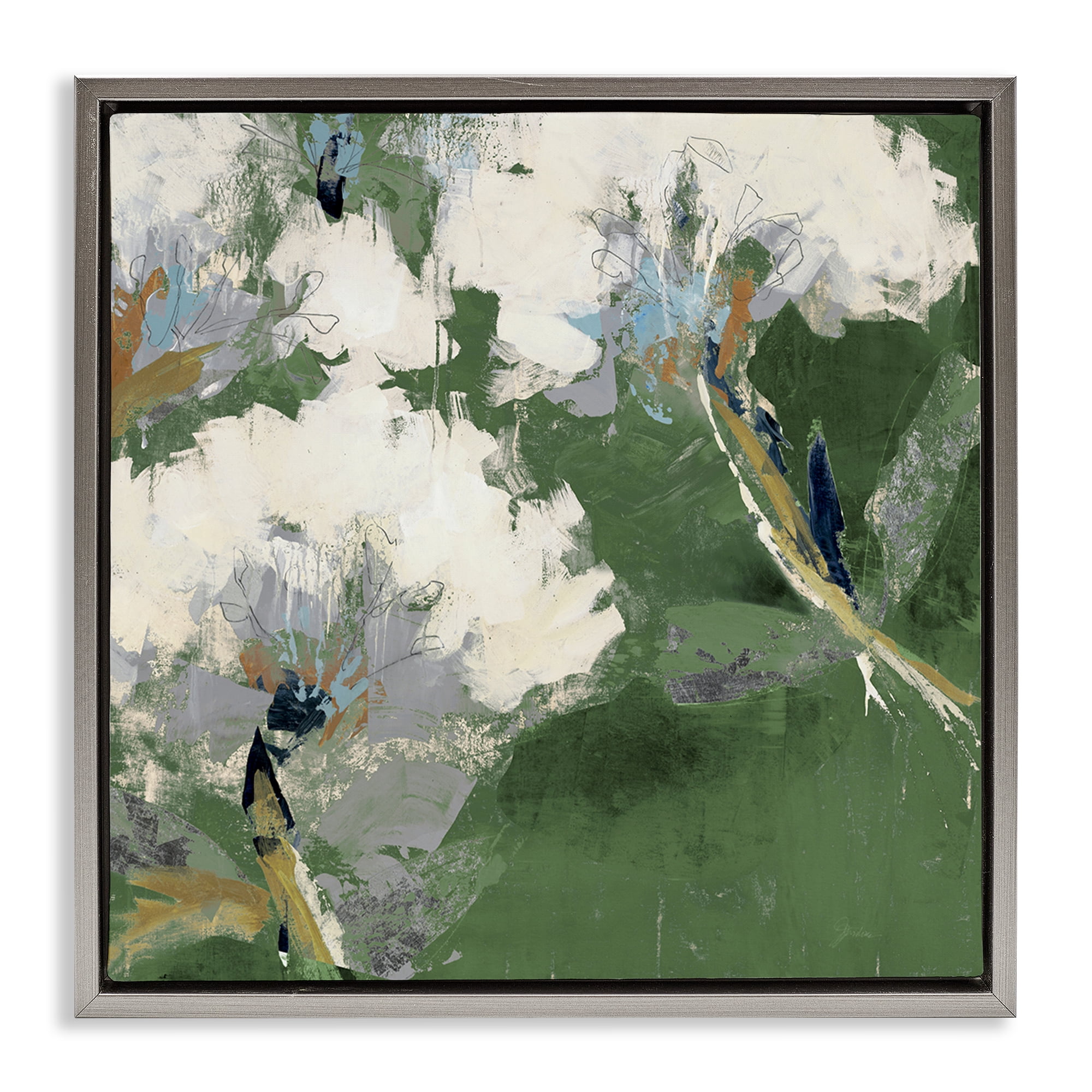 Stupell Industries Green & White Botanicals Plants & Flowers Painting Gray Floater Framed Canvas Art Print Wall Art, 25 x 25