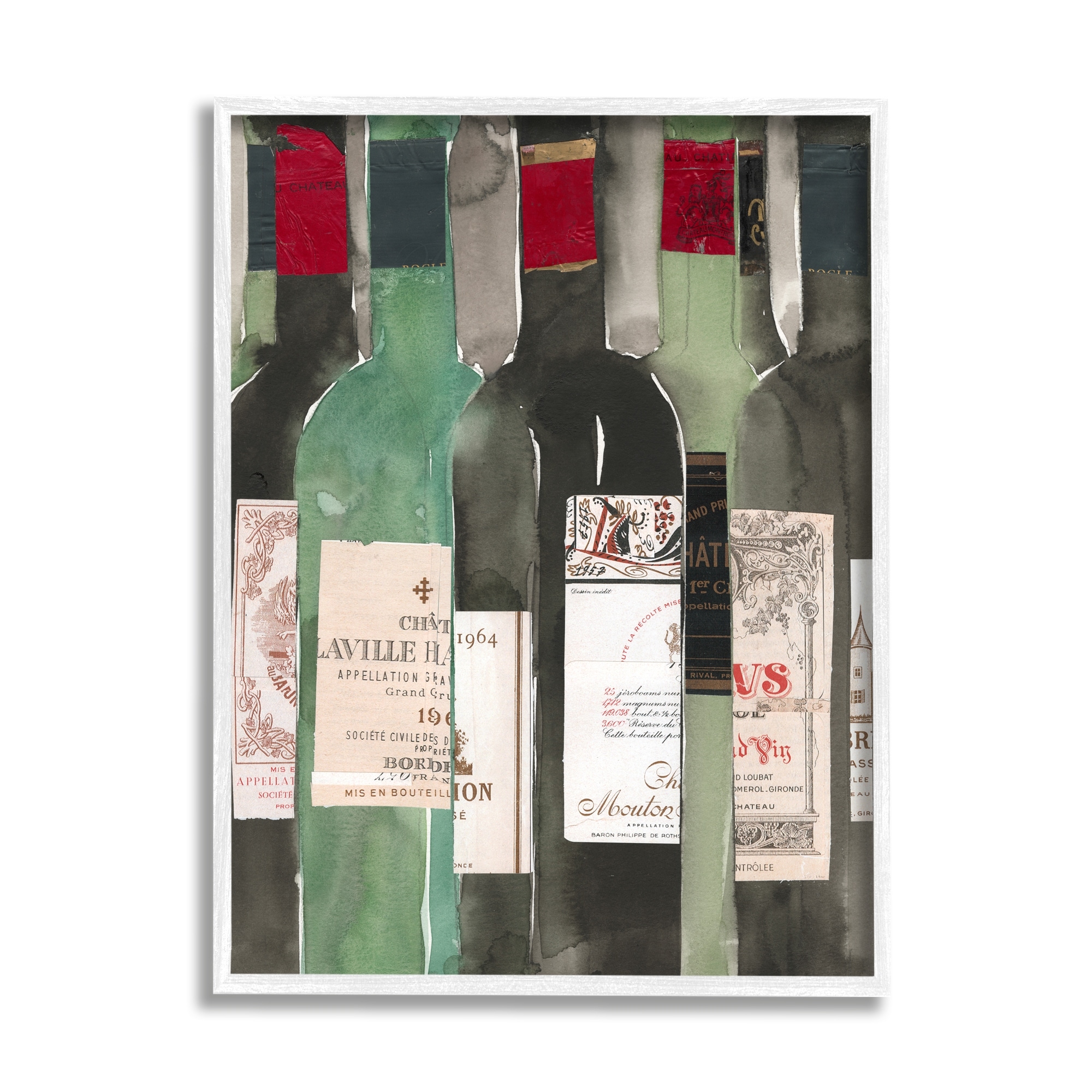 Stupell Industries Green Wine Champagne Bottles Closeup Vintage Style Paintings White Framed Art Print Wall Art, 24x30, by Samuel Dixon