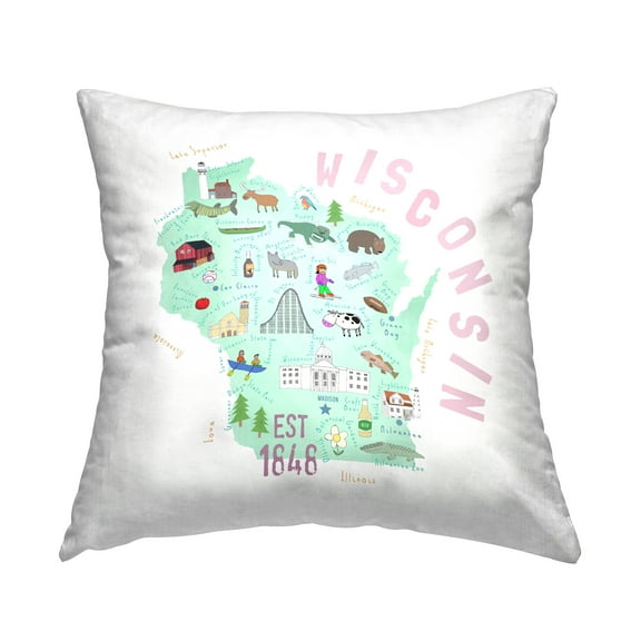 Stupell Industries Green Wisconsin Destinations Map Square Decorative Printed Throw Pillow, 18 x 18,