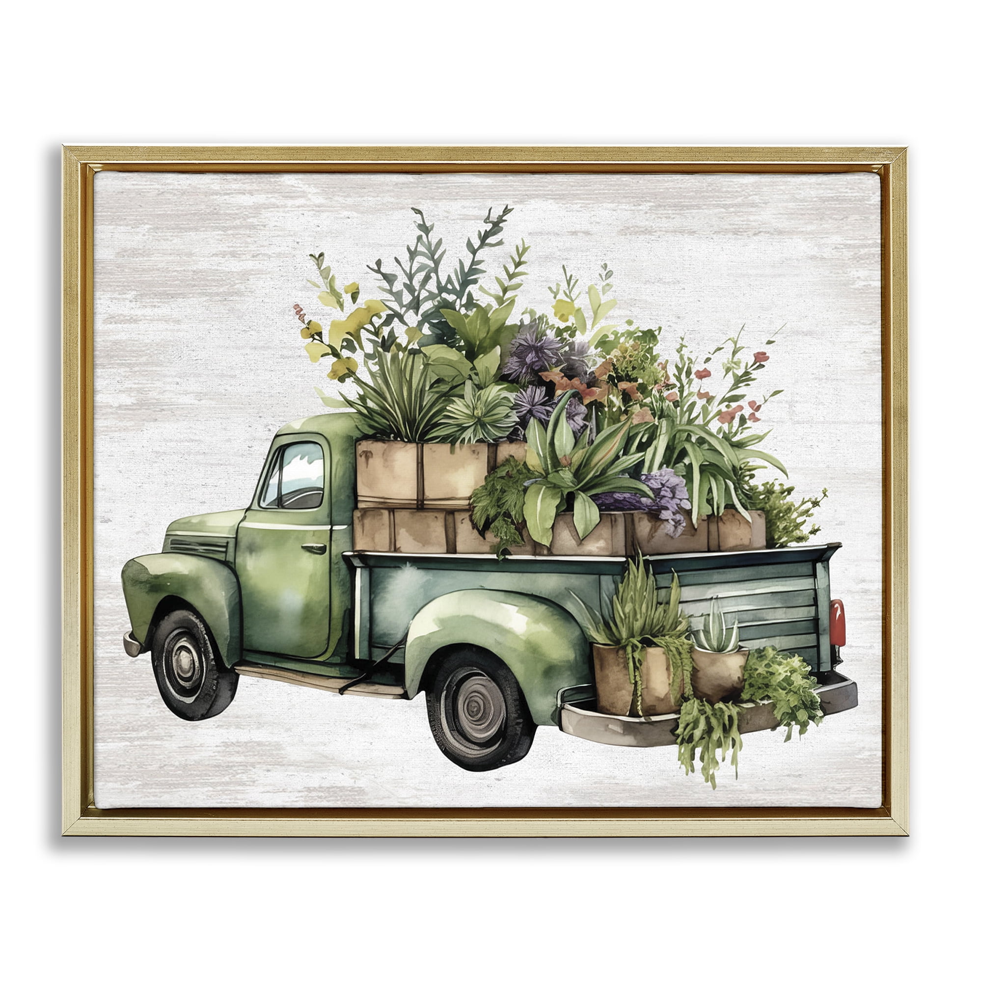 Stupell Industries Greenery Filled Truck Transportation Painting Gold Floater Framed Canvas Art Print Wall Art, 21 x 17