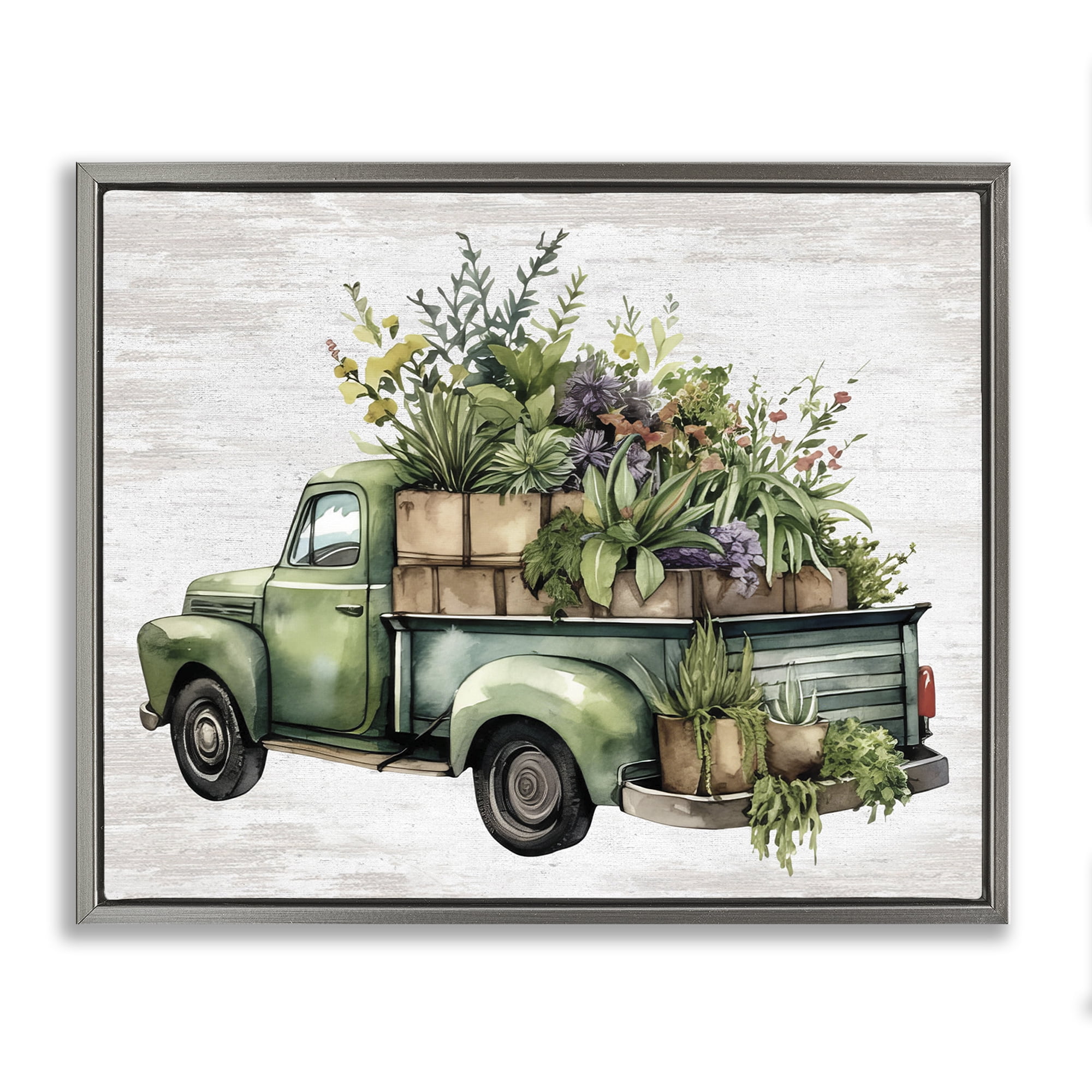 Stupell Industries Greenery Filled Truck Transportation Painting Gray Floater Framed Canvas Art Print Wall Art, 21 x 17