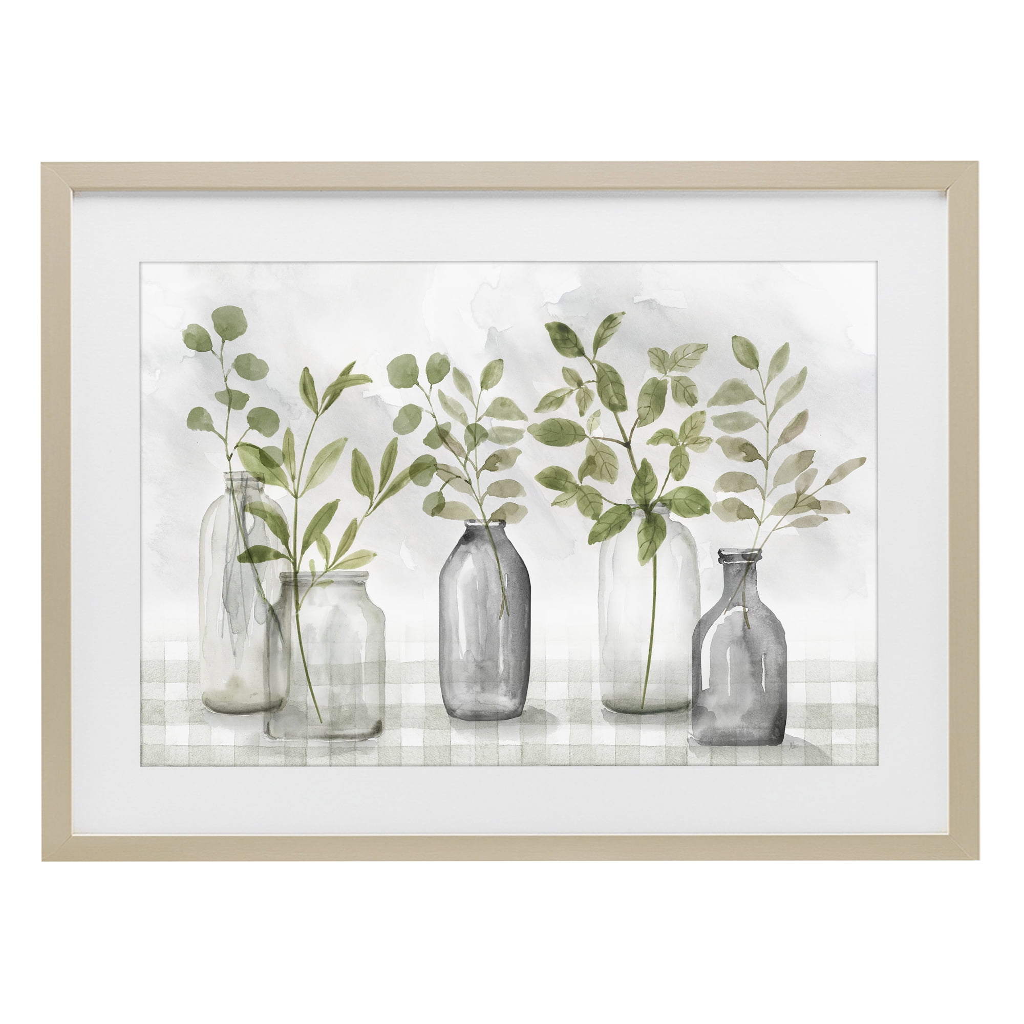 Stupell Industries Greenery Leaves in Vases Birch Framed Print Under Glass, design by Nan