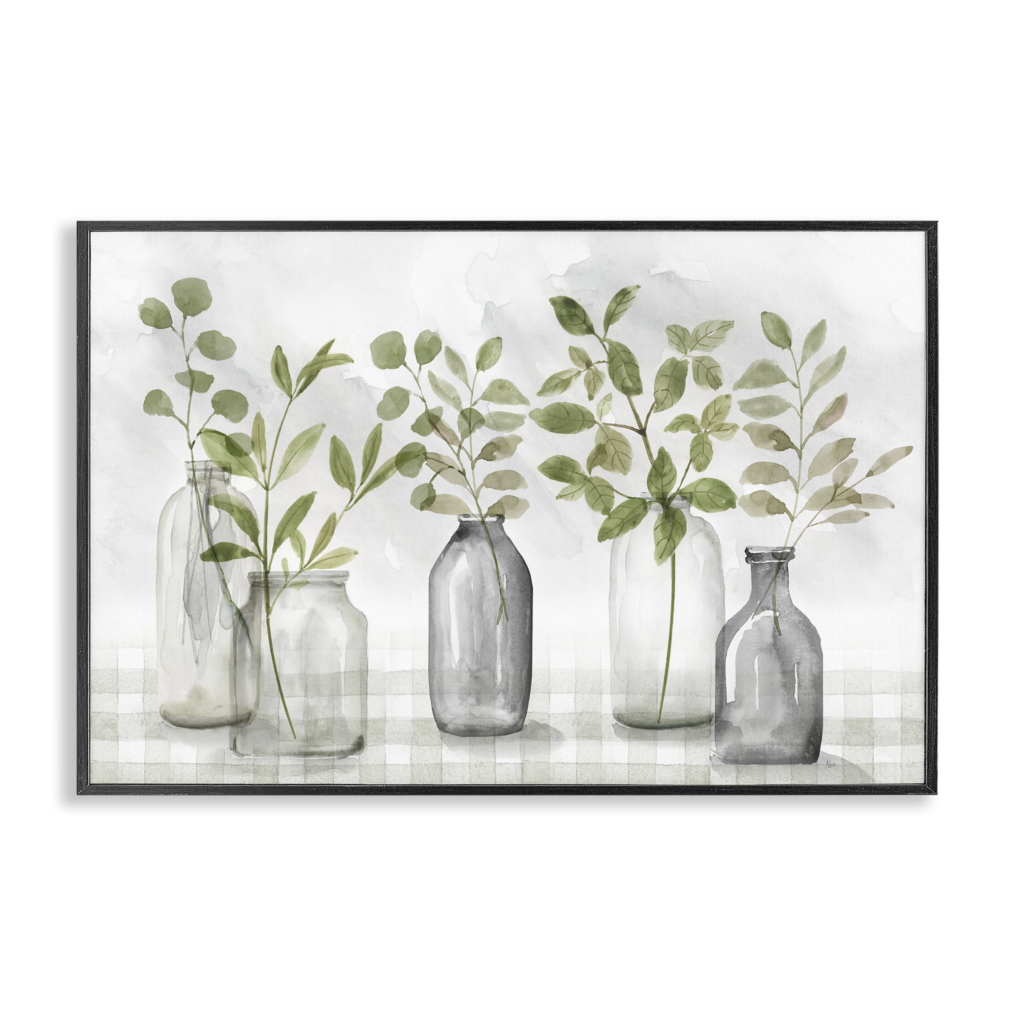 Stupell Industries Greenery Leaves in Vases Black Framed Giclee Art, design by Nan