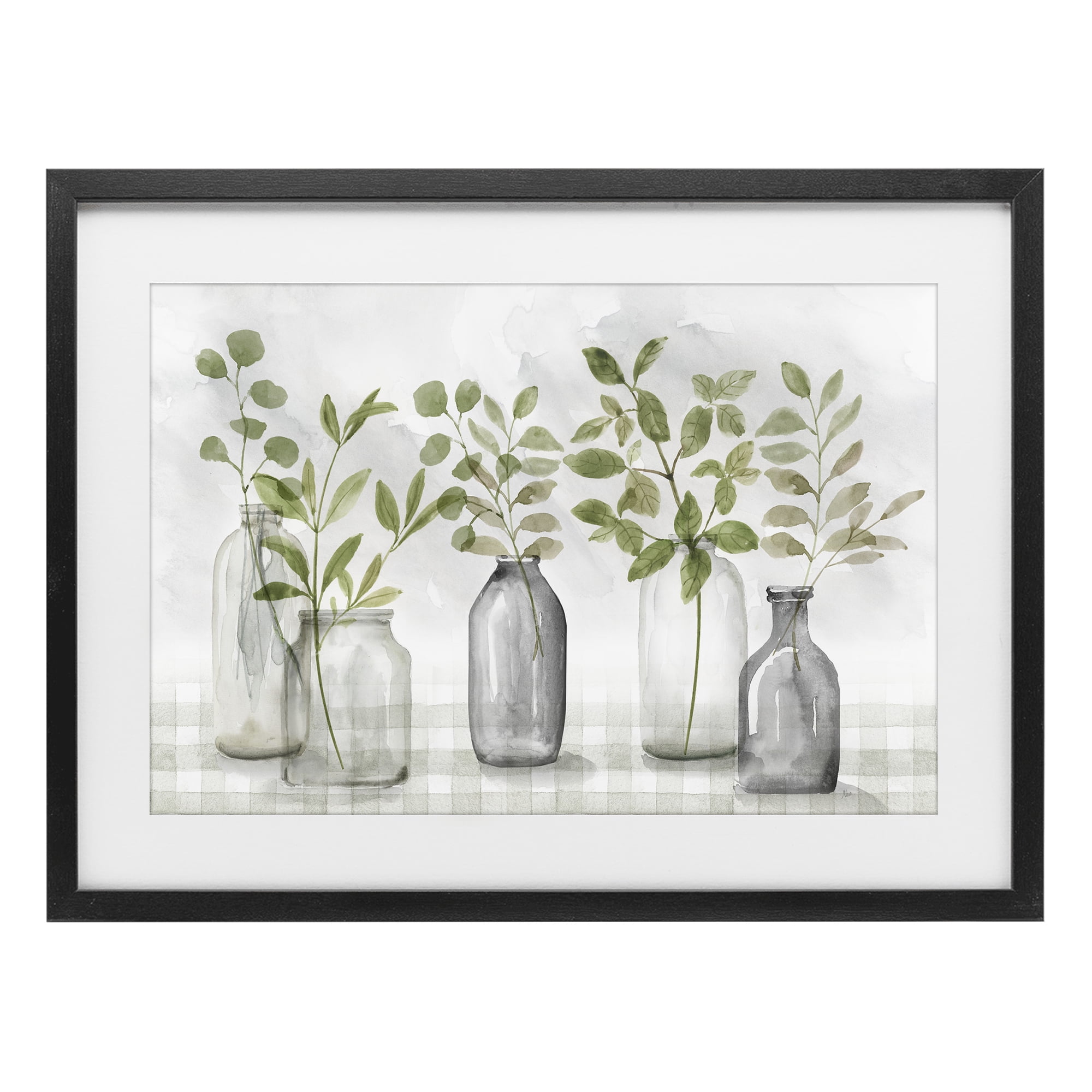 Stupell Industries Greenery Leaves in Vases Black Framed Print Under Glass, design by Nan