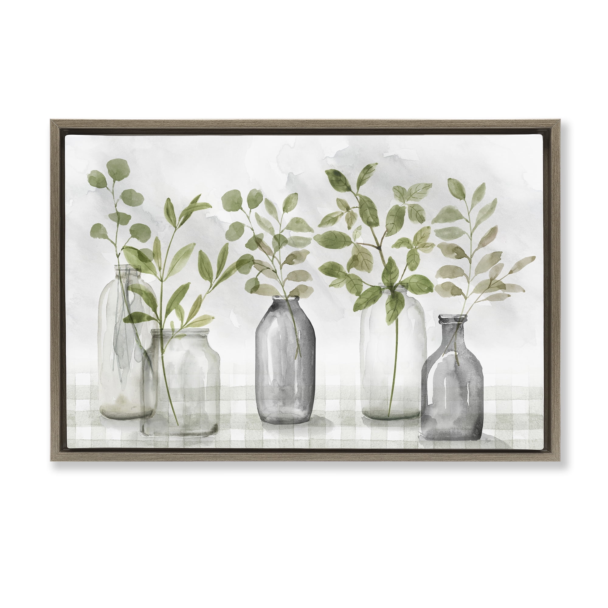 Stupell Industries Greenery Leaves in Vases Brown Framed Floater Canvas Wall Art, design by Nan