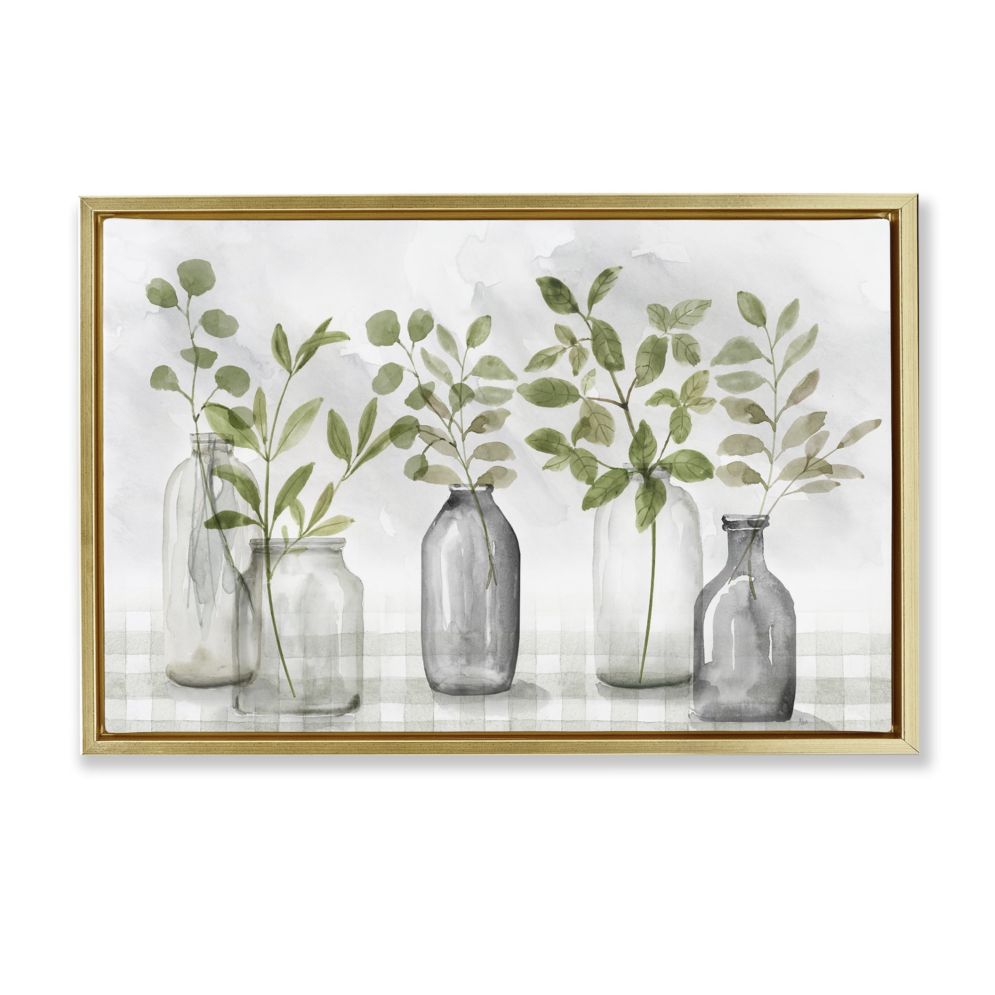 Stupell Industries Greenery Leaves in Vases Gold Framed Floater Canvas Wall Art, design by Nan