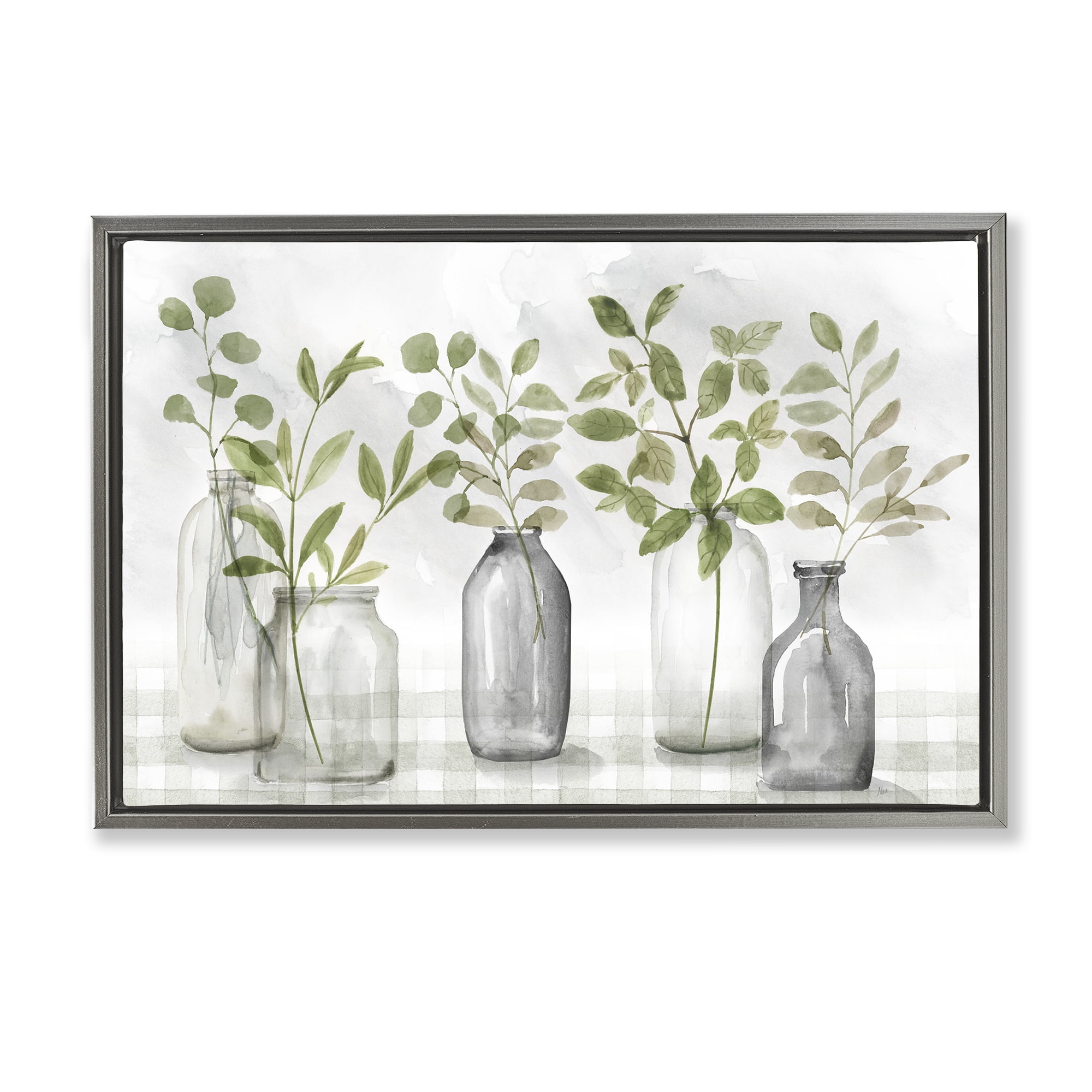 Stupell Industries Greenery Leaves in Vases Gray Framed Floater Canvas Wall Art, design by Nan