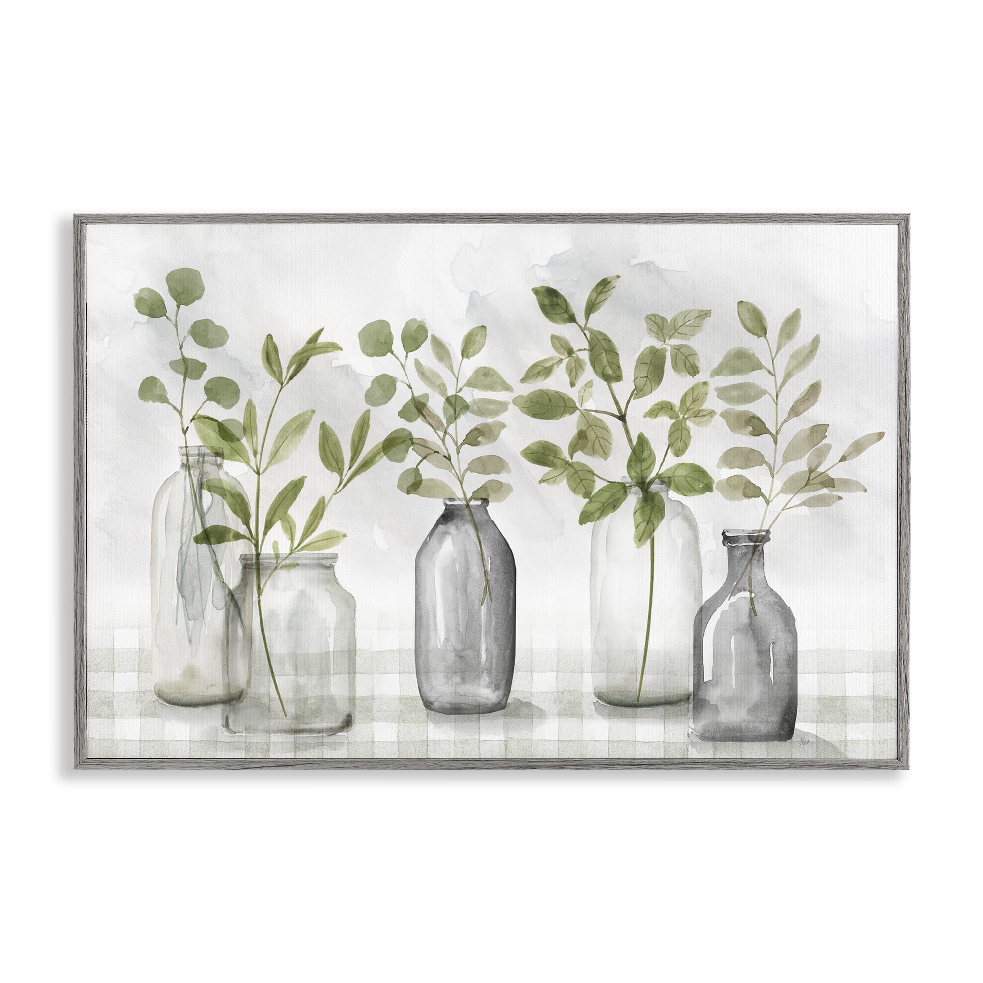 Stupell Industries Greenery Leaves in Vases Gray Framed Giclee Art, design by Nan