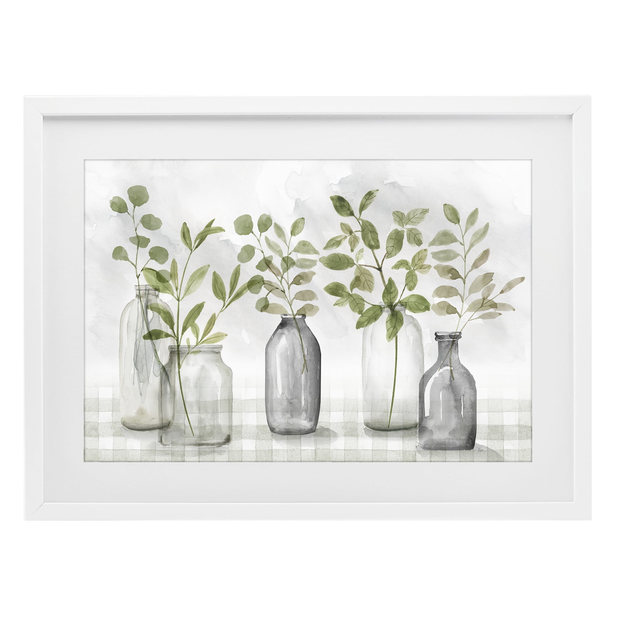 Stupell Industries Greenery Leaves in Vases White Framed Print Under Glass, design by Nan