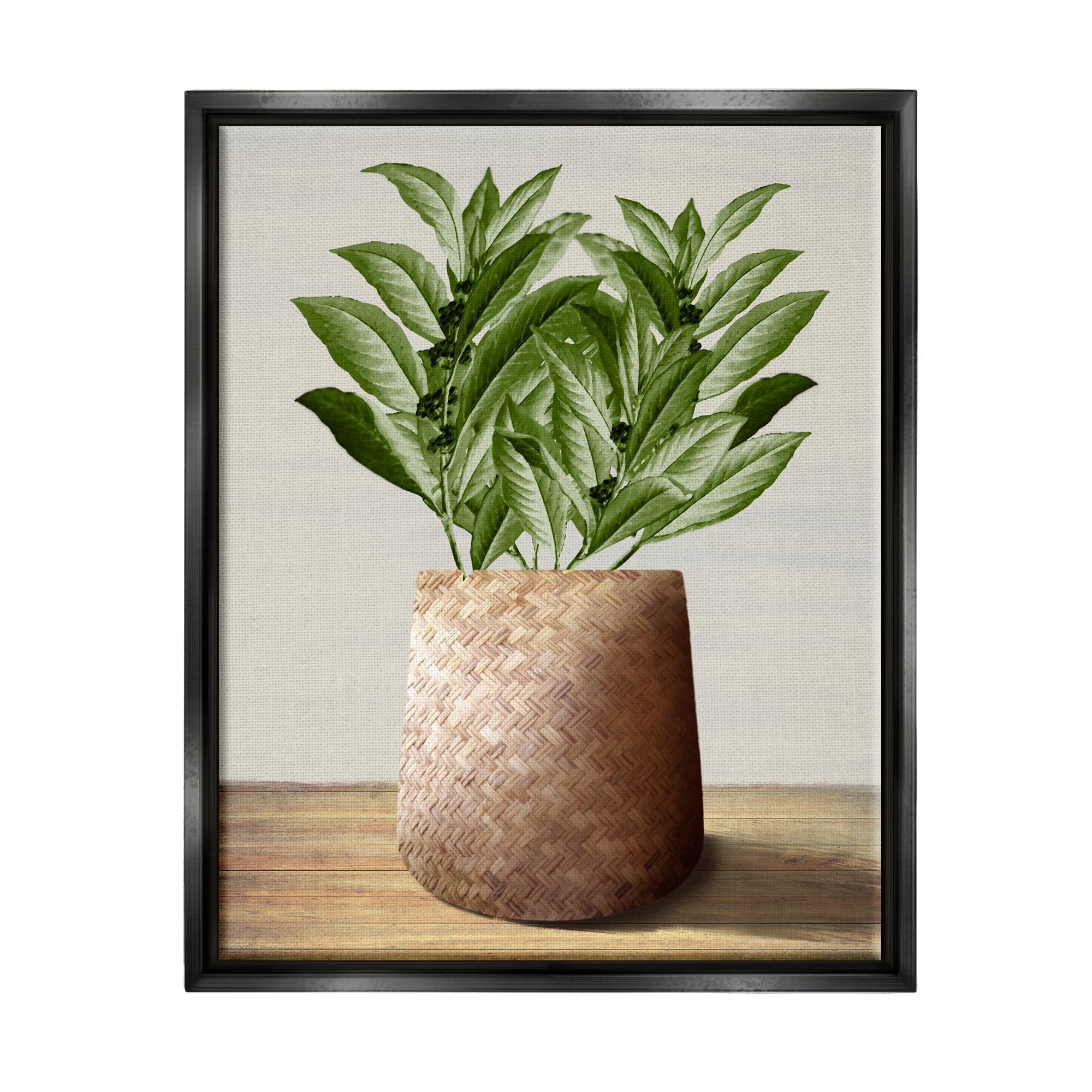 Greenery in Woven Planter Botanical Canvas Art Print with Black Frame