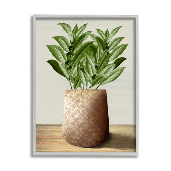 Stupell Industries Greenery in Woven Planter Botanical & Floral Painting Gray Framed Art Print Wall Art, 24 x 30