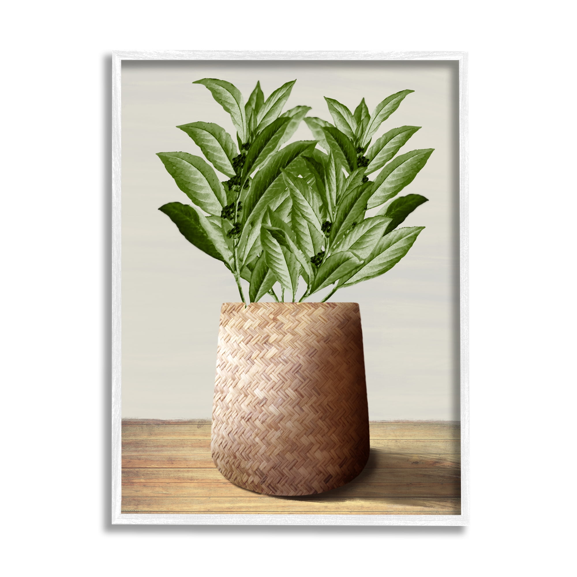 Stupell Industries Greenery in Woven Planter Botanical & Floral Painting White Framed Art Print Wall Art, 24 x 30