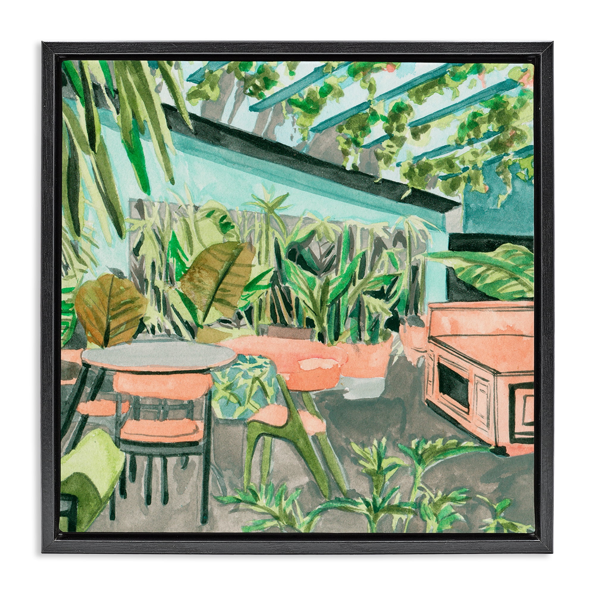 Stupell Industries Greenhouse Plants Café Furniture Painting Black Floater Framed Canvas Art Print Wall Art, 18 x 18