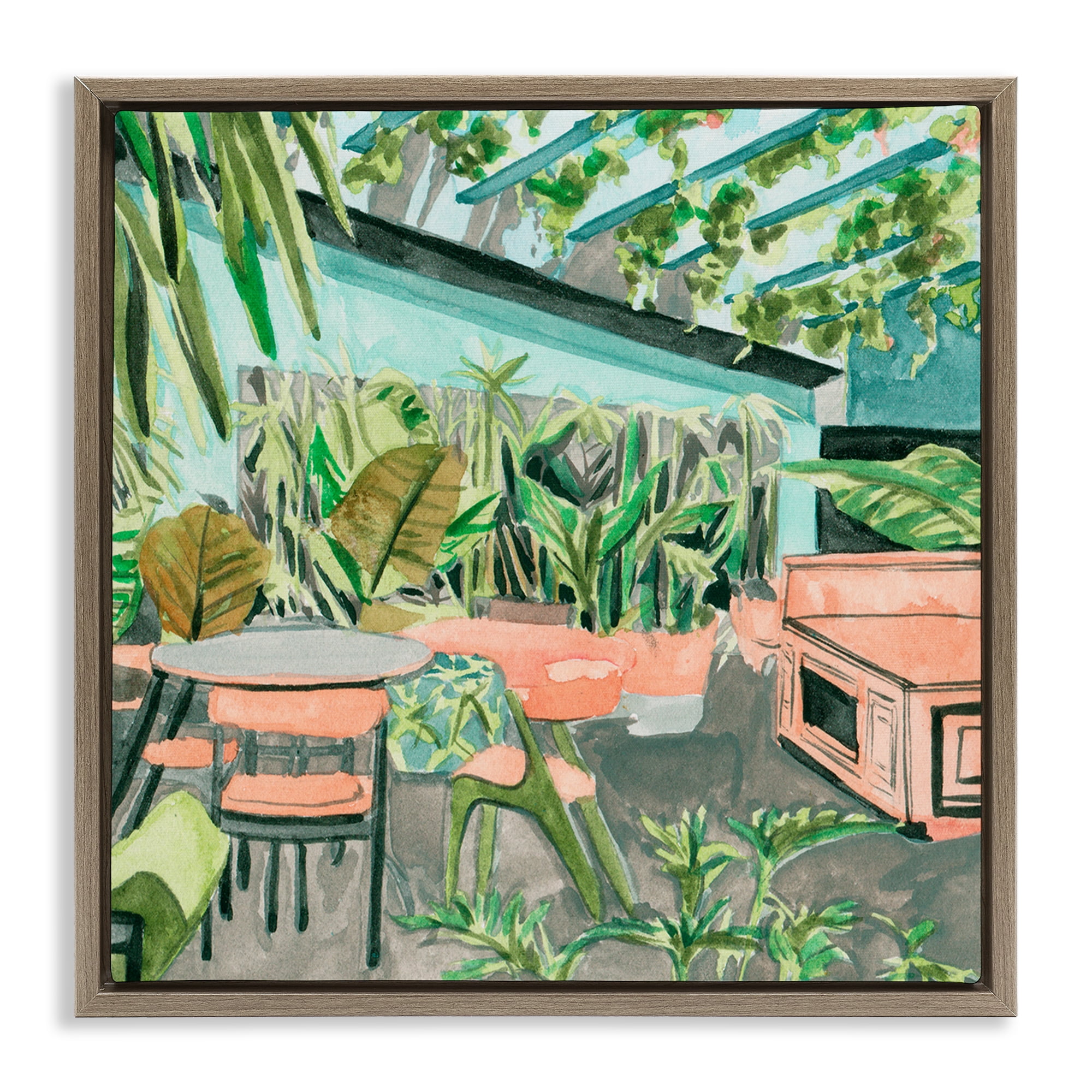 Stupell Industries Greenhouse Plants Café Furniture Painting Brown Floater Framed Canvas Art Print Wall Art, 25 x 25