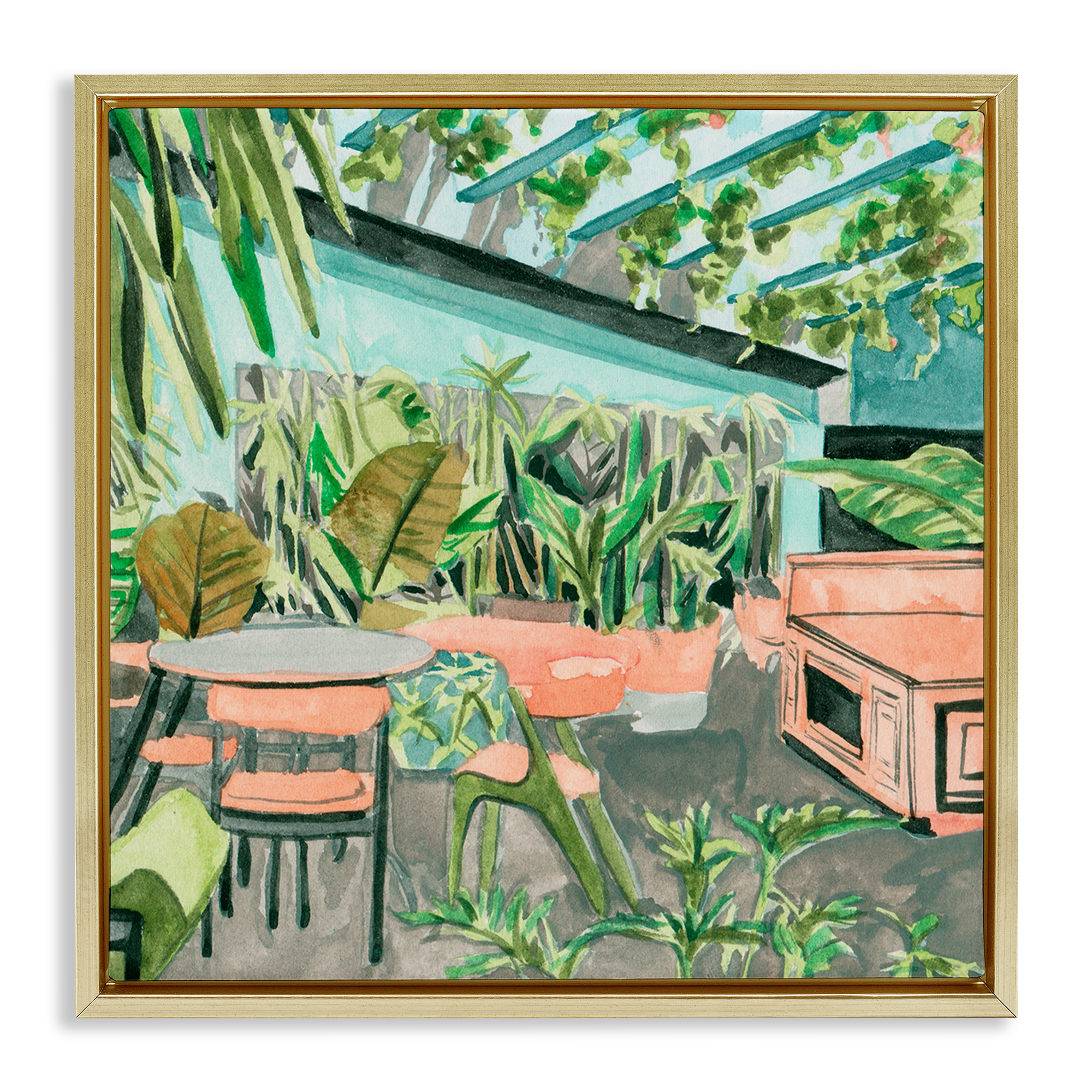 Stupell Industries Greenhouse Plants Café Furniture Painting Gold Floater Framed Canvas Art Print Wall Art, 25 x 25
