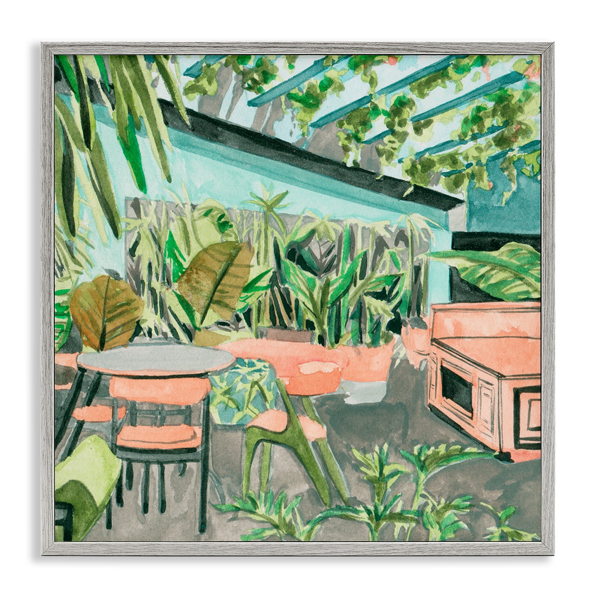 Stupell Industries Greenhouse Plants Café Furniture Painting Gray Framed Art Print Wall Art, 12 x 12