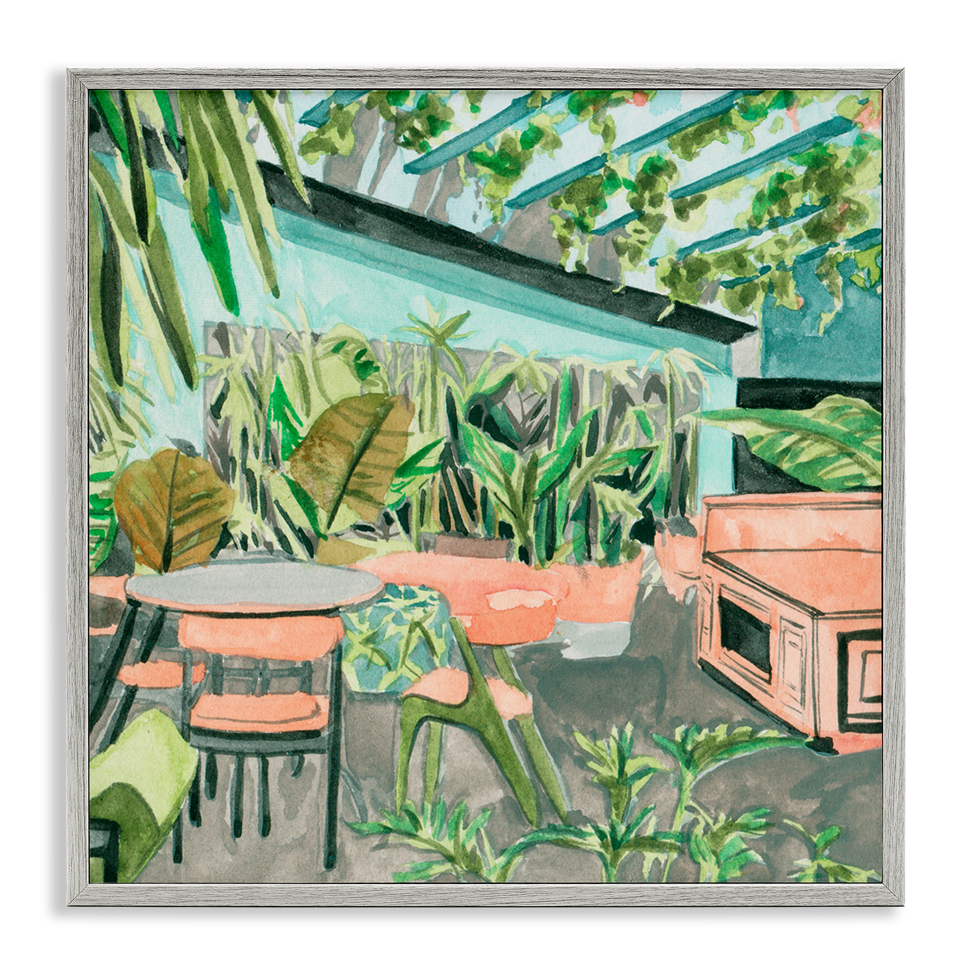 Stupell Industries Greenhouse Plants Café Furniture Painting Gray Framed Art Print Wall Art, 24 x 24