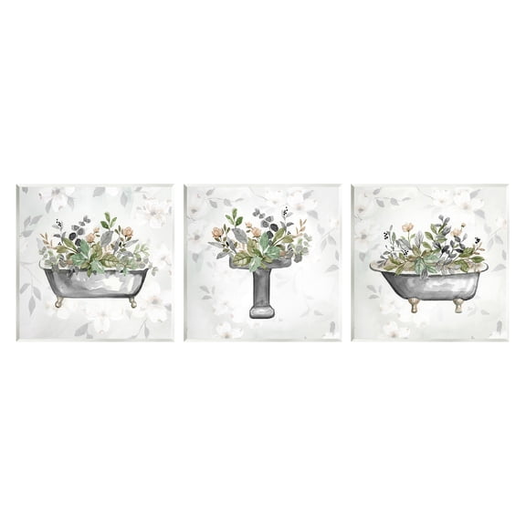 Stupell Industries Grey Bathroom Florals Bath & Laundry Painting Unframed Art Print Wall Art, 12 x 12, Set of 3