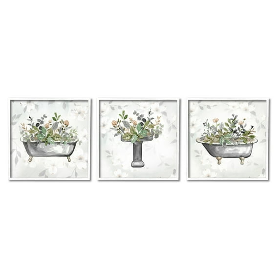 Stupell Industries Grey Bathroom Florals Bath & Laundry Painting White Framed Art Print Wall Art, 17 x 17, Set of 3