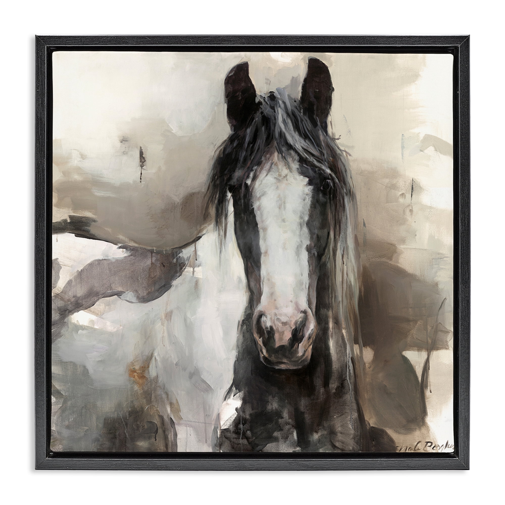 Stupell Industries Grey & Beige Horse Abstract Animals & Insects Painting Black Floater Framed Canvas Art Print Wall Art, 25 x 25