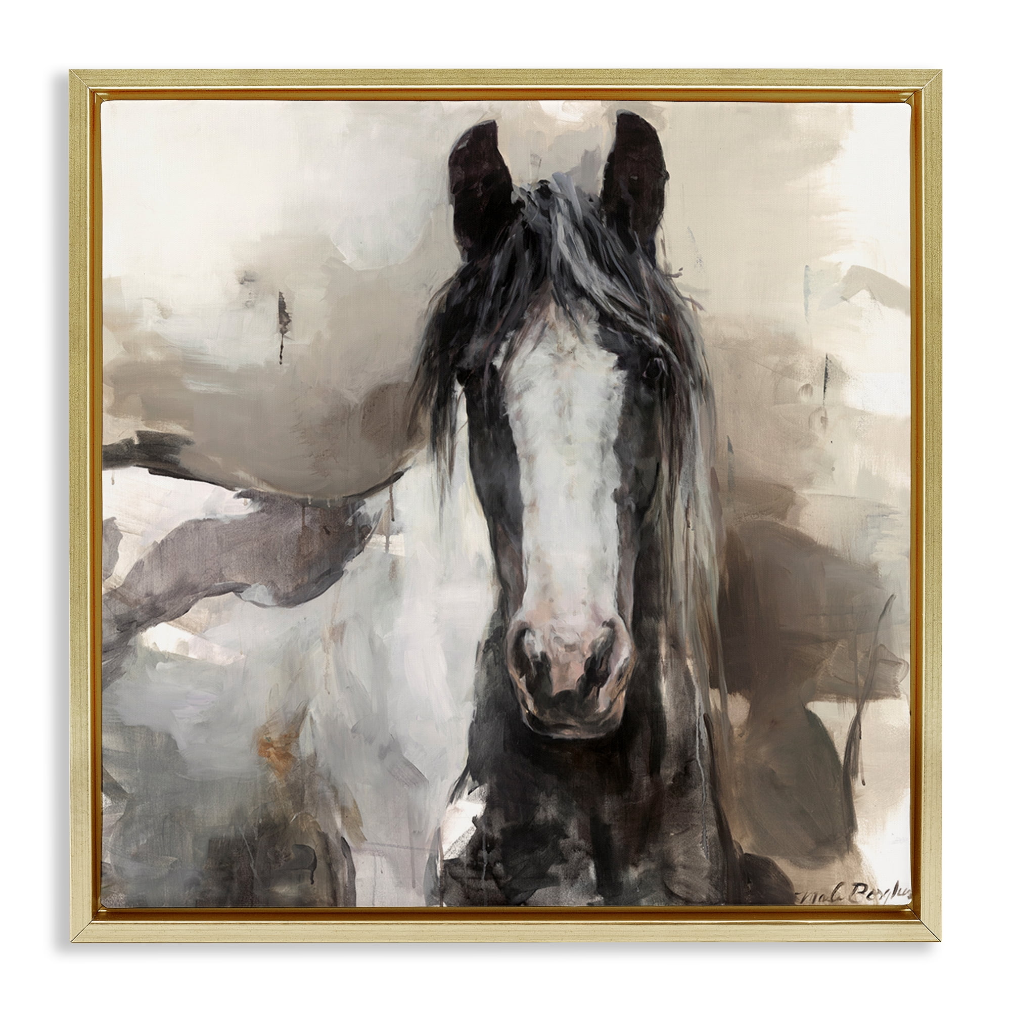 Stupell Industries Grey & Beige Horse Abstract Animals & Insects Painting Gold Floater Framed Canvas Art Print Wall Art, 25 x 25
