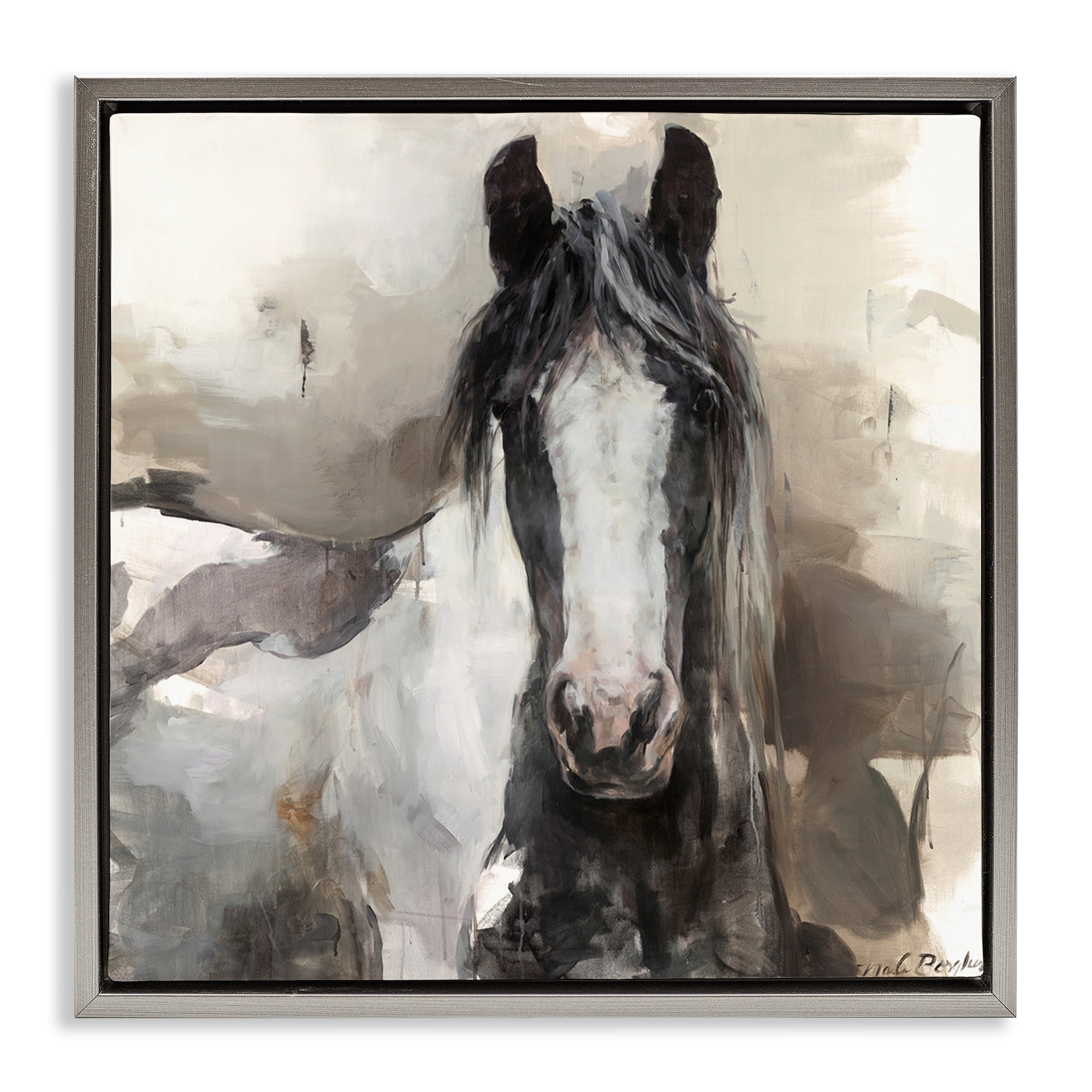 Stupell Industries Grey & Beige Horse Abstract Animals & Insects Painting Gray Floater Framed Canvas Art Print Wall Art, 18 x 18