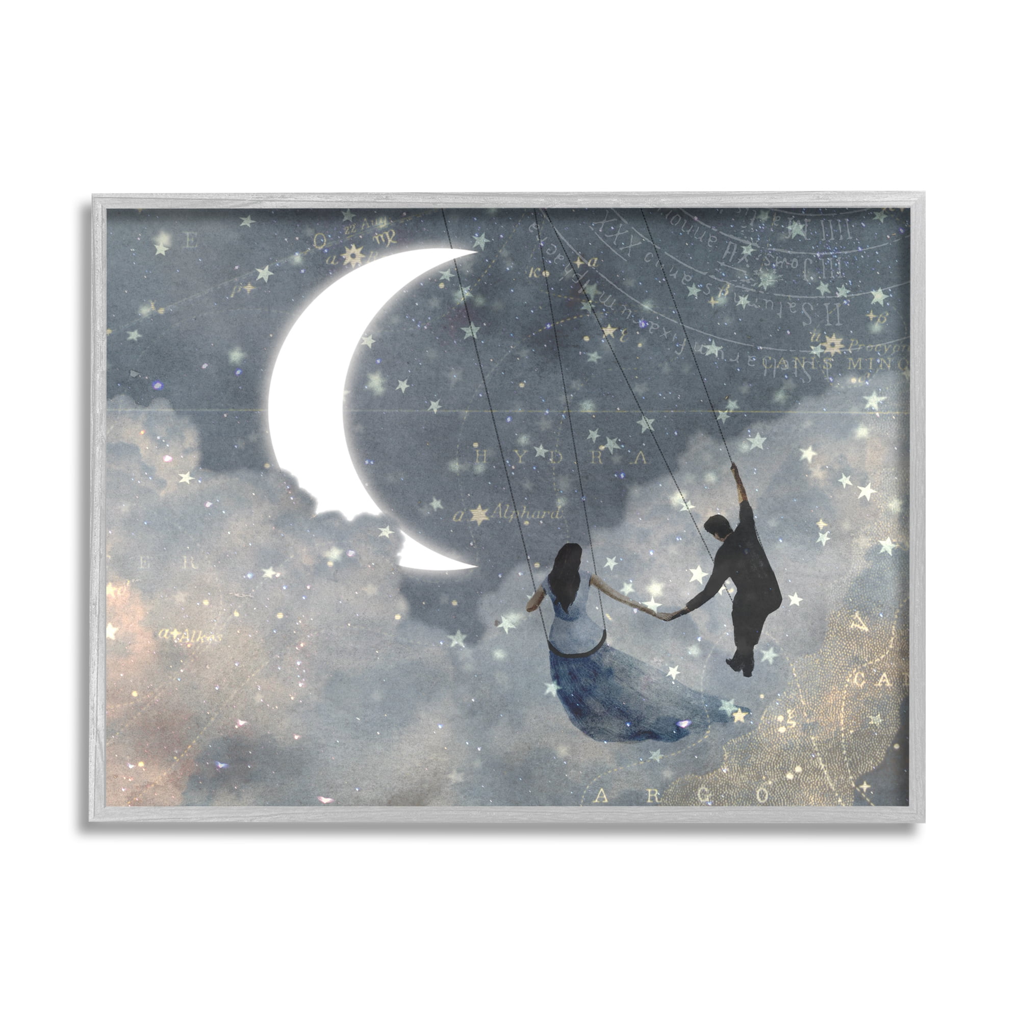 Stupell Industries Grey and Blue Celestial Love Sky Swinging by the Crescent Moon and Stars Graphic Art Gray Framed Art Print Wall Art, 16x20, by Victoria Borges