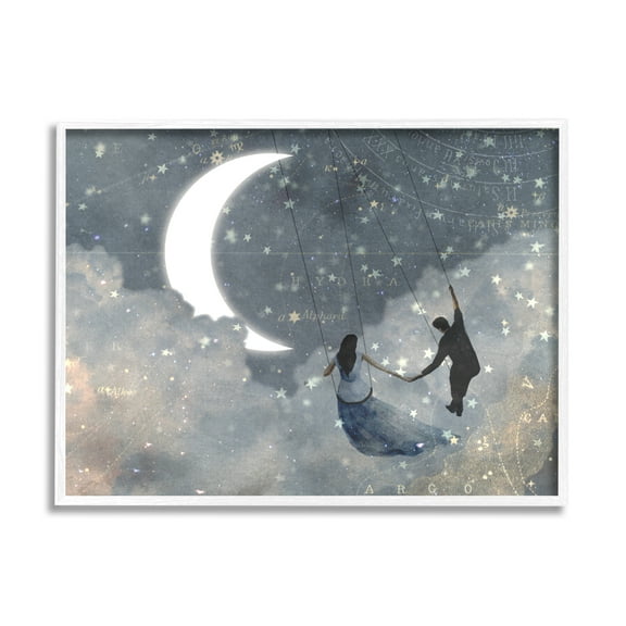 Stupell Industries Grey and Blue Celestial Love Sky Swinging by the Crescent Moon and Stars Graphic Art White Framed Art Print Wall Art, 11x14, by Victoria Borges