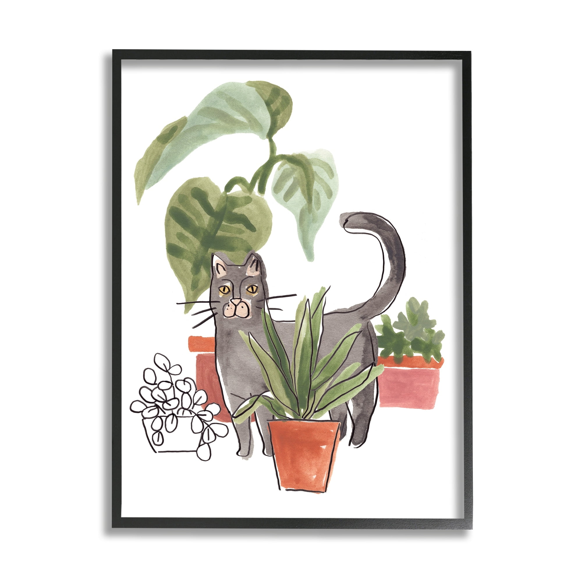 Stupell Industries Grey Cat Pet Terracotta House Plants Tropical Monstera, 11 x 14, Design by June Erica Vess