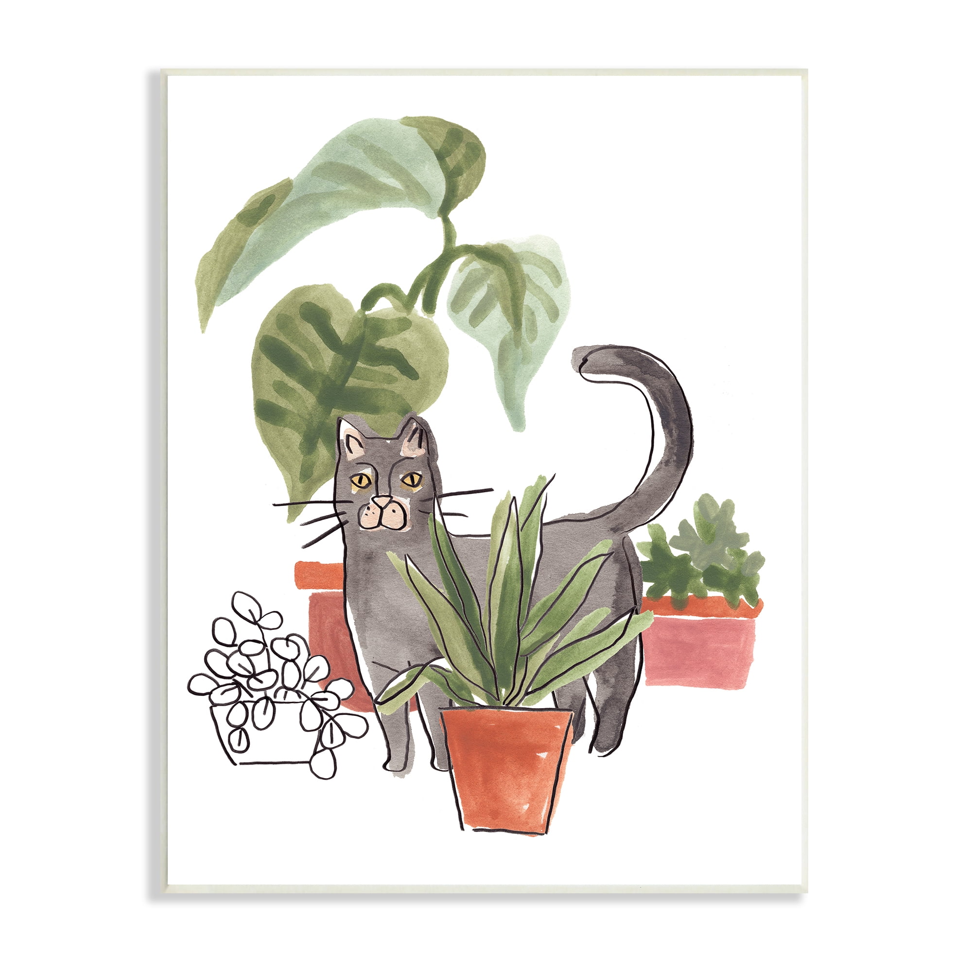 Stupell Industries Grey Cat Pet Terracotta House Plants Tropical Monstera, 13 x 19, Design by June Erica Vess