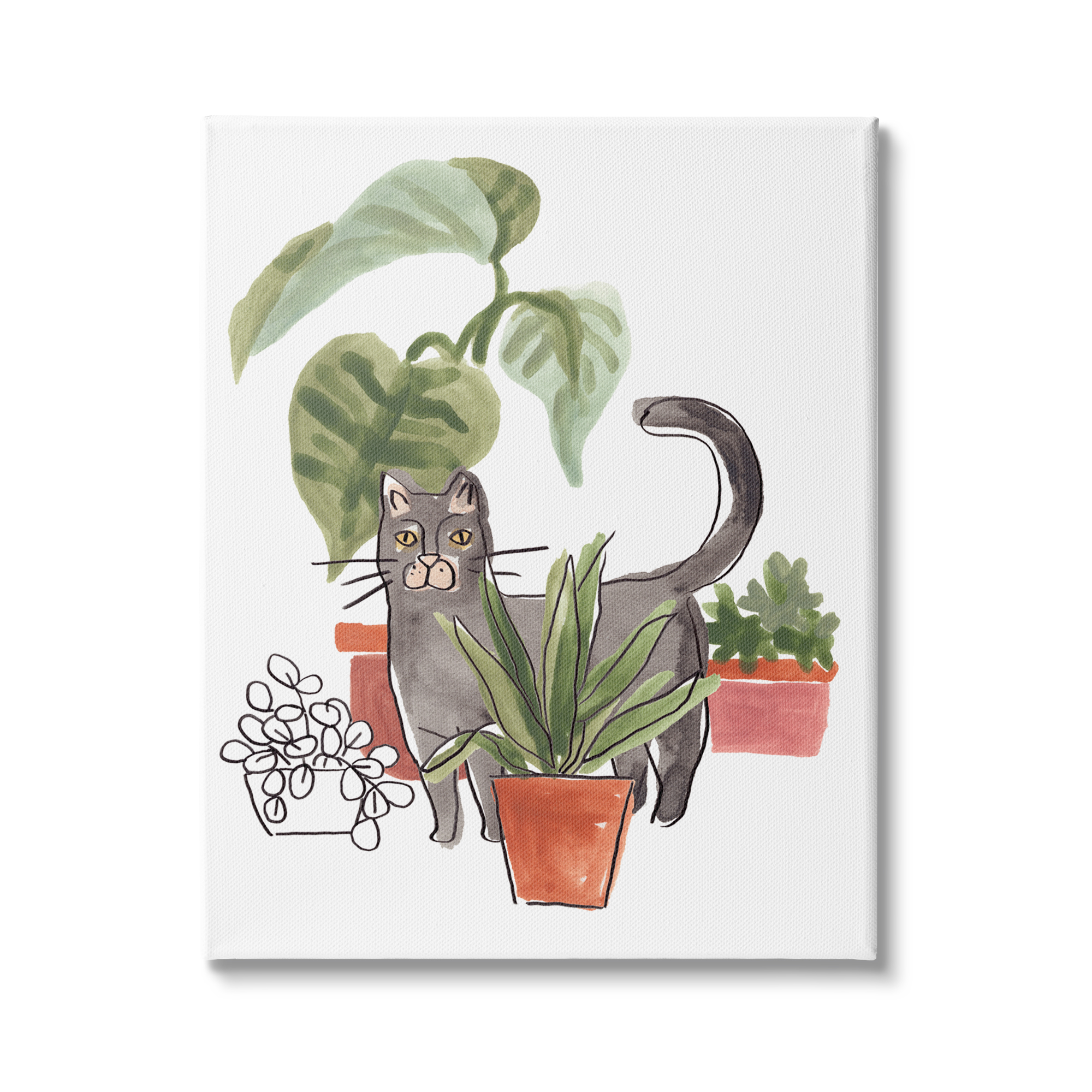 Stupell Industries Grey Cat Pet Terracotta House Plants Tropical Monstera, 16 x 20, Design by June Erica Vess