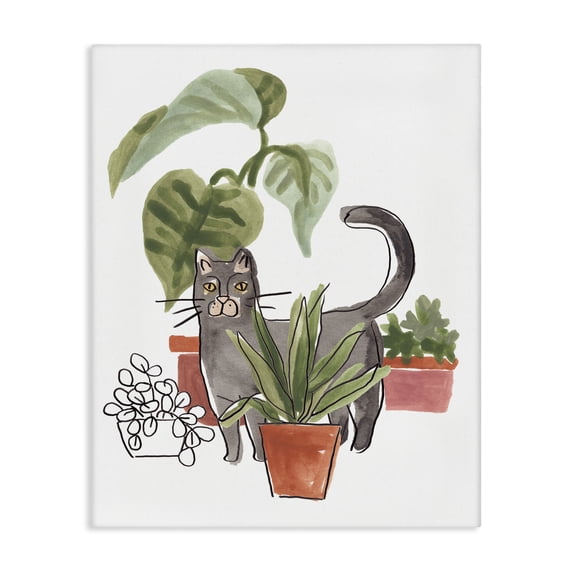Stupell Industries Bohemian Grey Cat Pet Terracotta House Plants Tropical Monstera Canvas Art, 36 x 48, by June Erica Vess