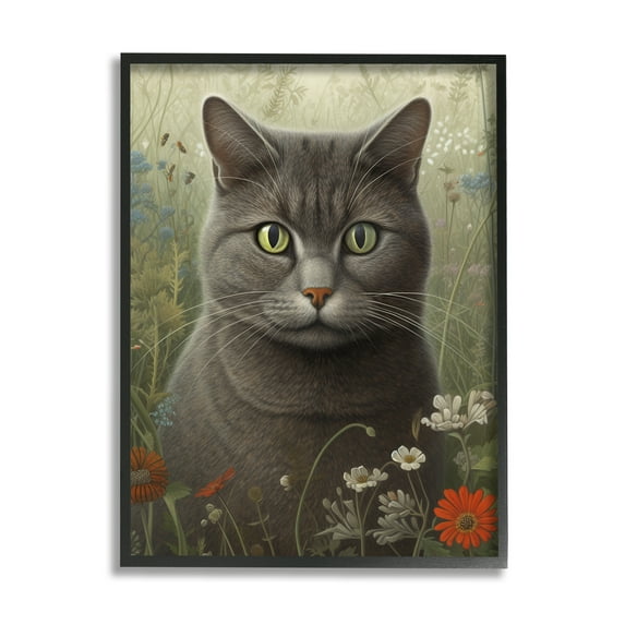 Stupell Industries Grey Cat in Flower Field Animals & Insects Painting Black Framed Art Print Wall Art, 24 x 30