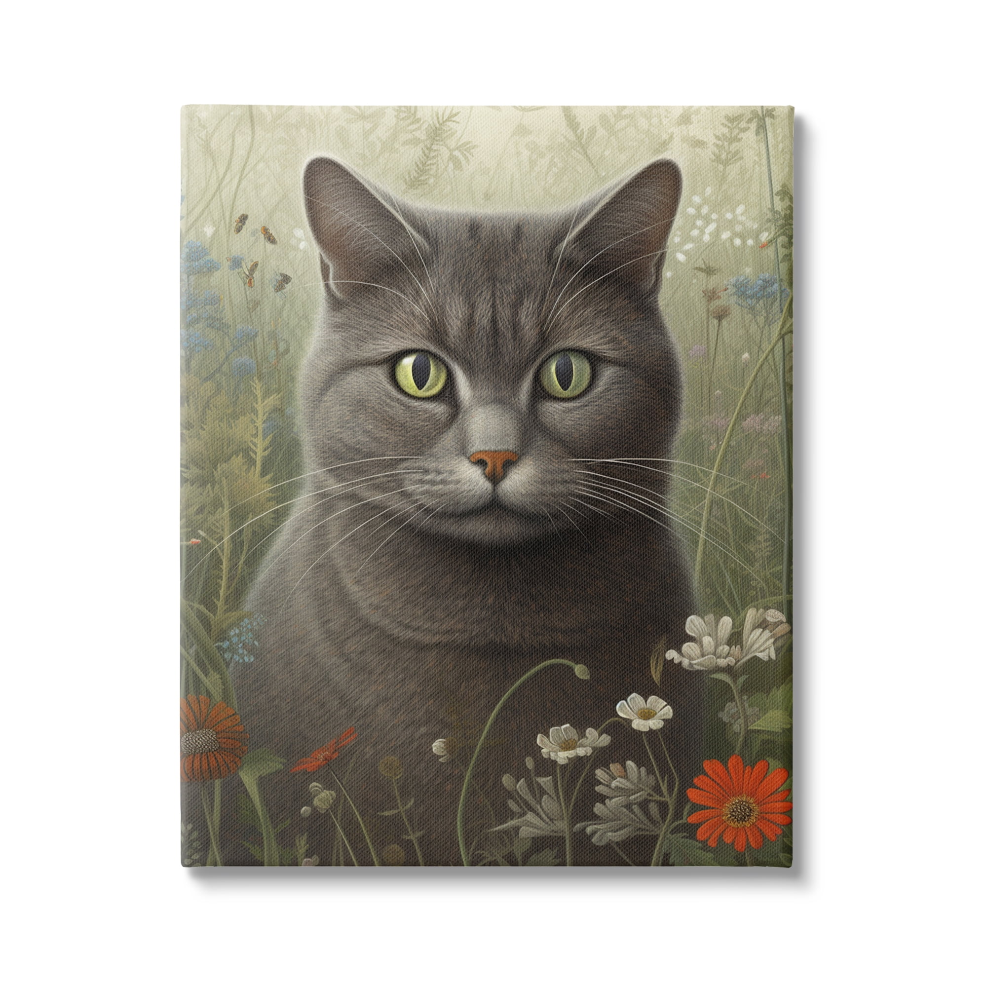 Stupell Industries Grey Cat in Flower Field Animals & Insects Painting Gallery Wrapped Canvas Print Wall Art, 16 x 20
