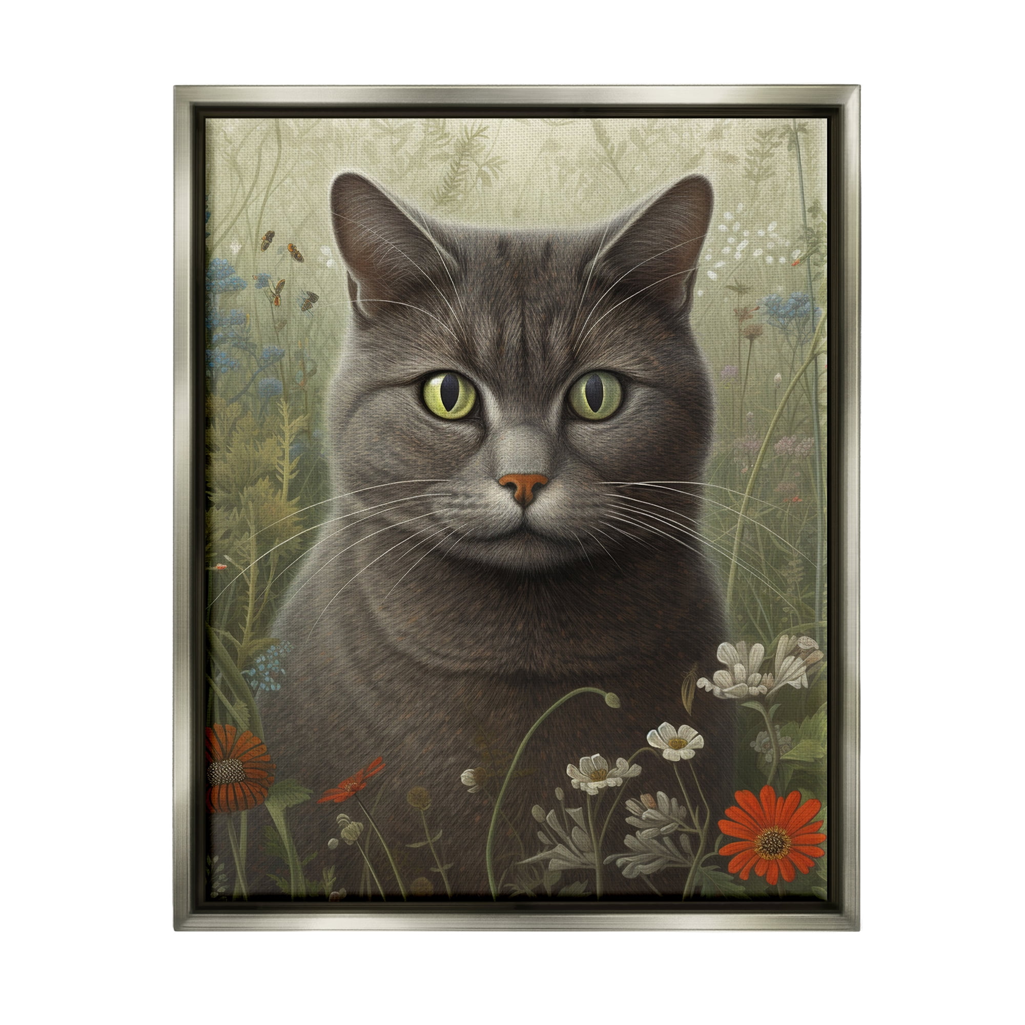 Stupell Industries Grey Cat in Flower Field Animals & Insects Painting Gray Floater Framed Art Print Wall Art, 17 x 21