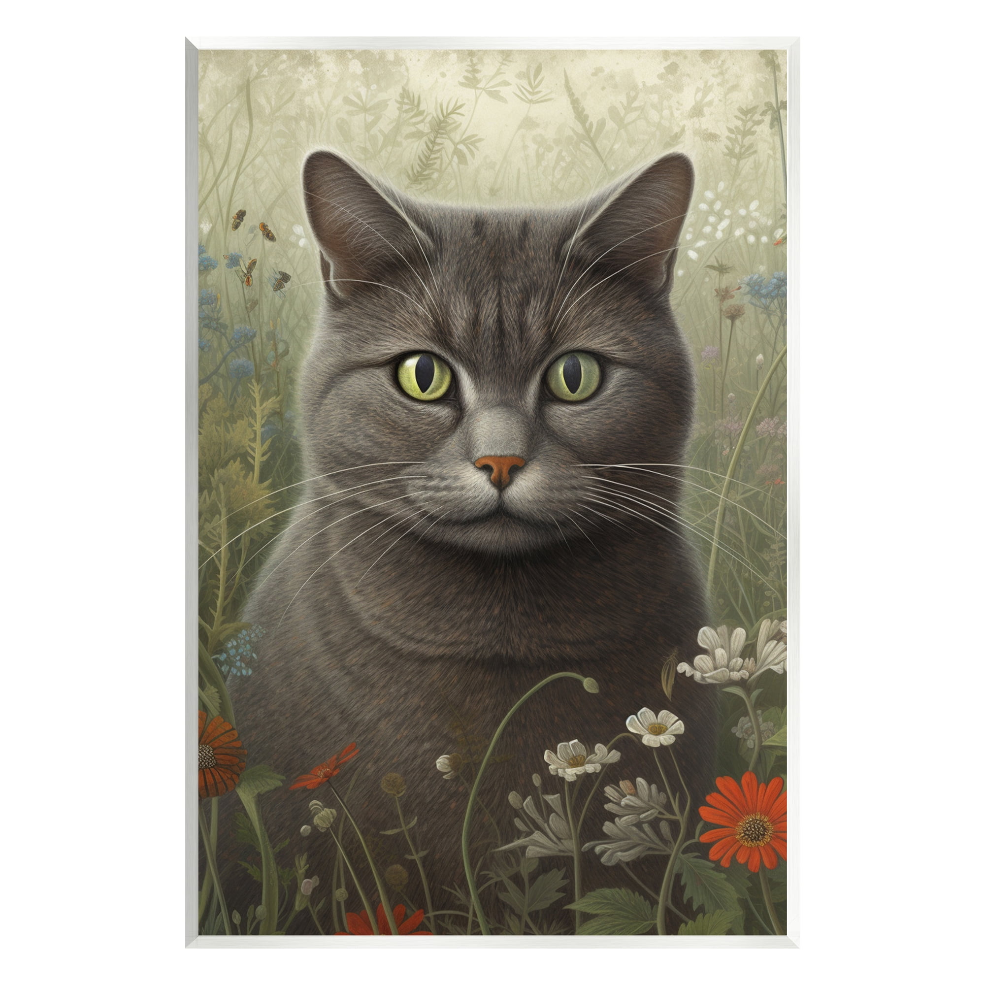 Stupell Industries Grey Cat in Flower Field Animals & Insects Painting Unframed Art Print Wall Art, 13 x 19