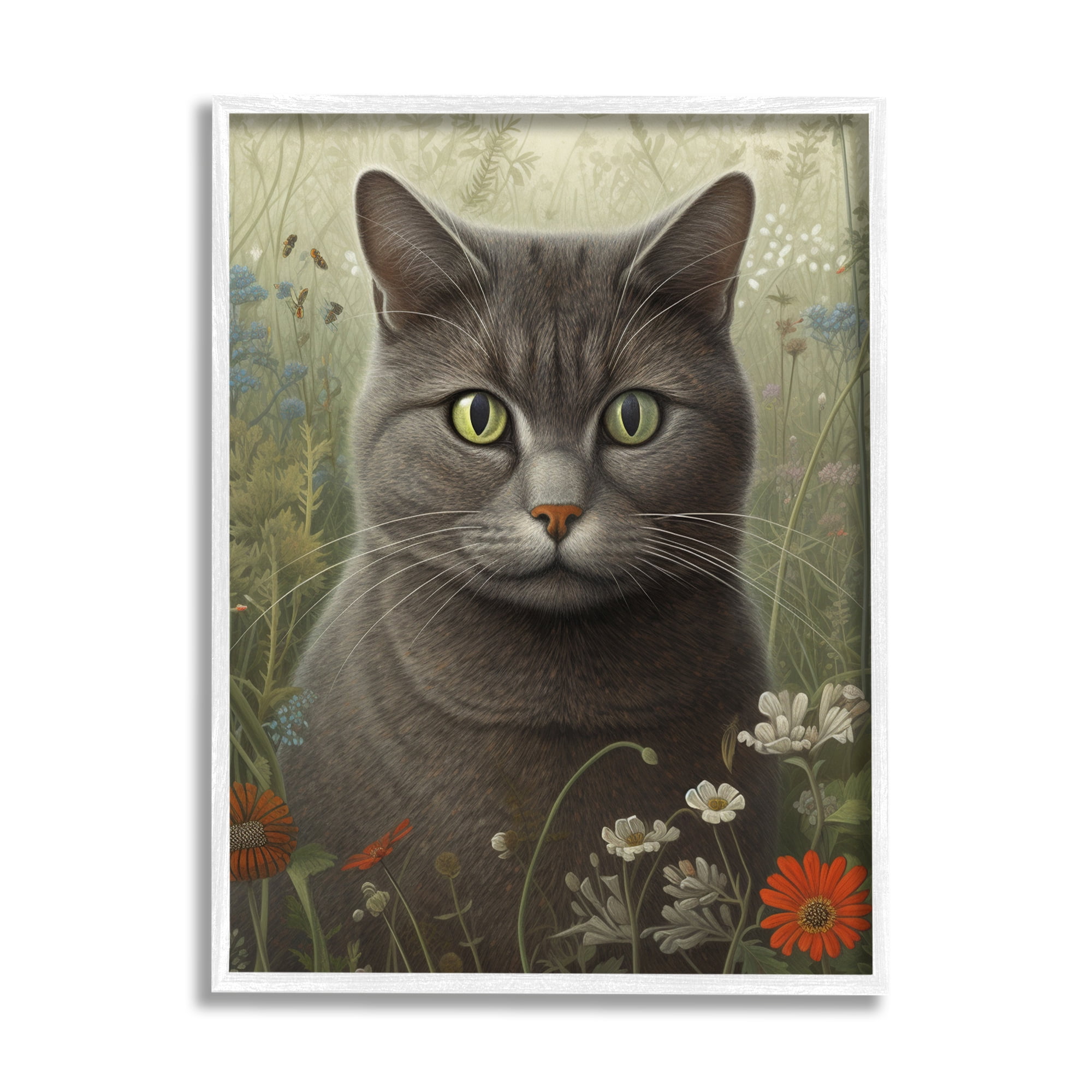 Stupell Industries Grey Cat in Flower Field Animals & Insects Painting White Framed Art Print Wall Art, 11 x 14