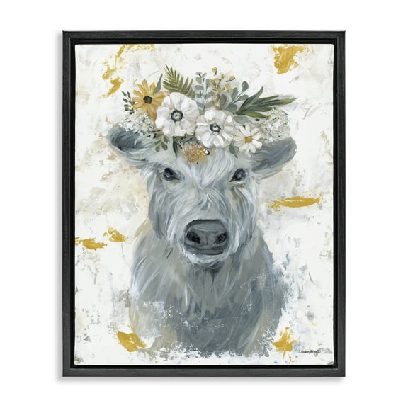 Stupell Industries Grey Cattle with Flowers Animals & Insects Painting Black Floater Framed Canvas Art Print Wall Art, 17 x 21