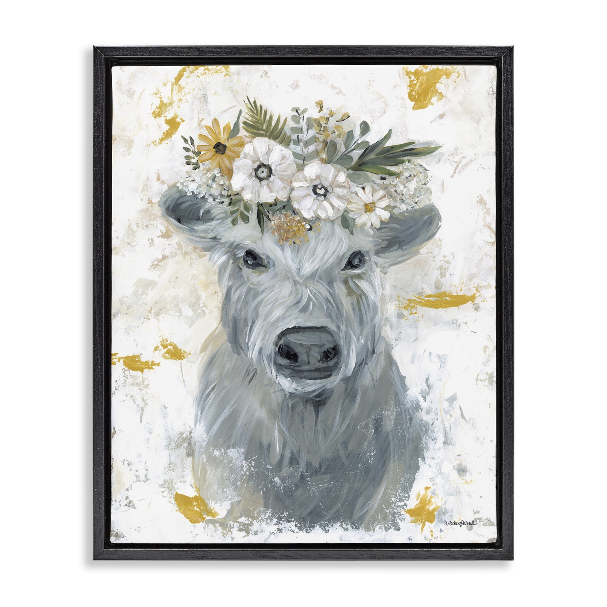 Stupell Industries Grey Cattle with Flowers Animals & Insects Painting Black Floater Framed Canvas Art Print Wall Art, 25 x 31