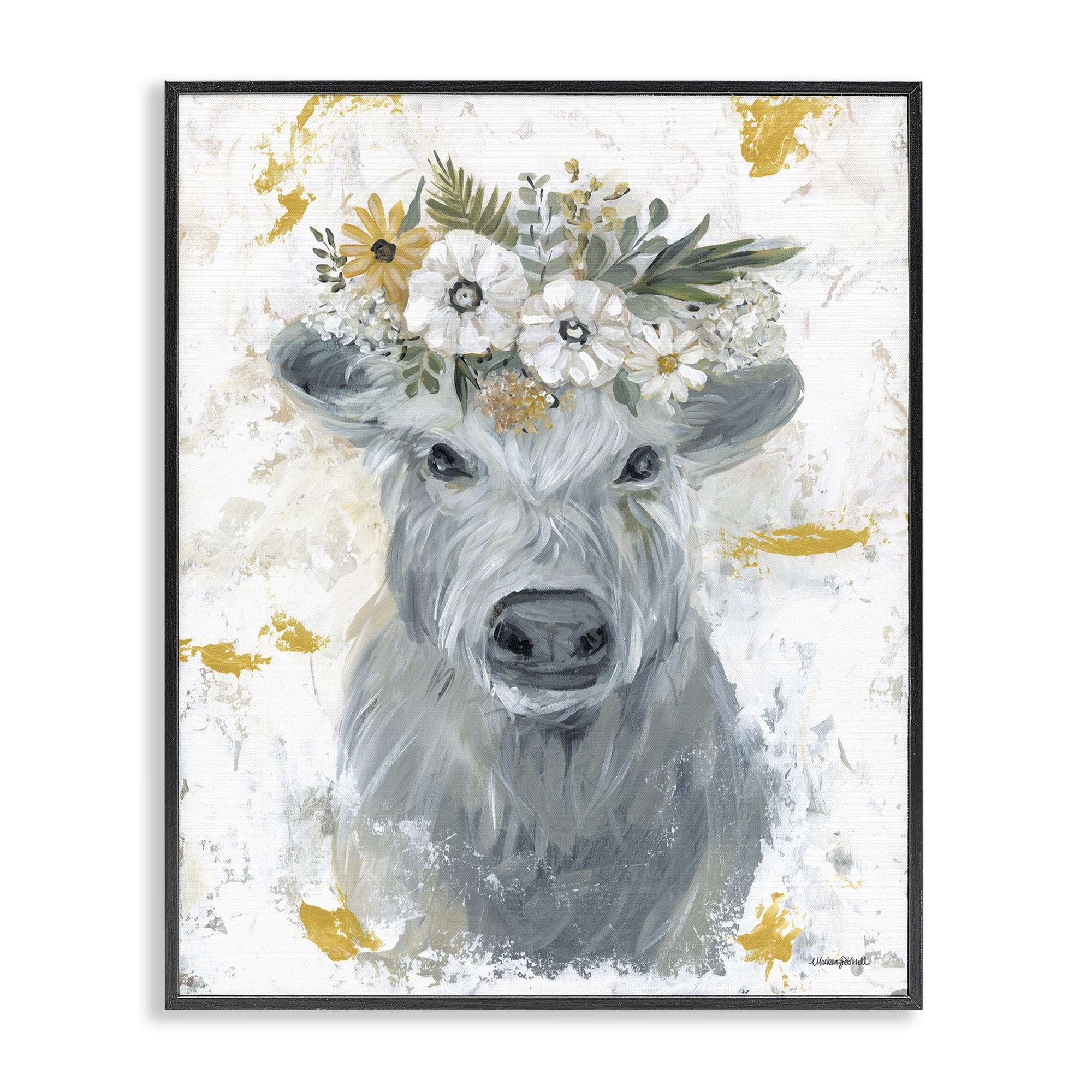 Stupell Industries Grey Cattle with Flowers Animals & Insects Painting Black Framed Art Print Wall Art, 24 x 30