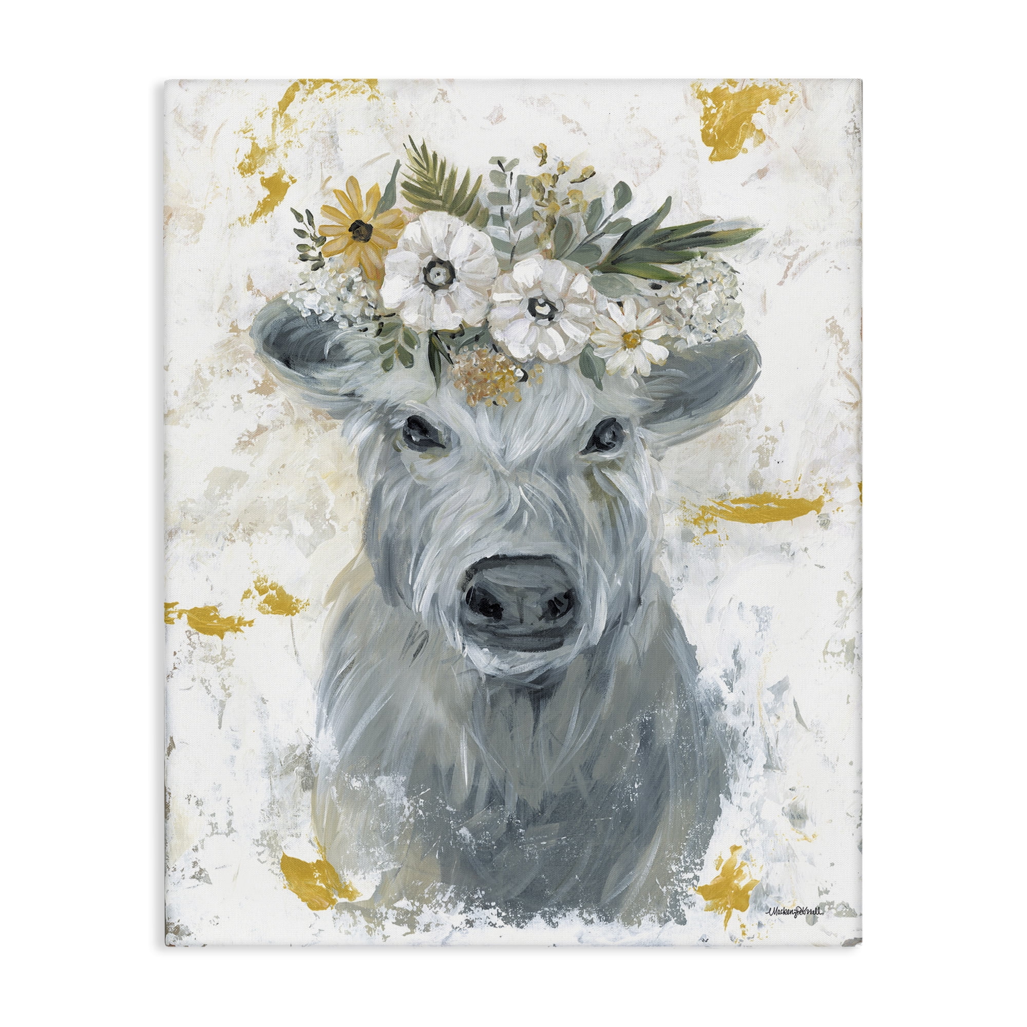 Stupell Industries Grey Cattle with Flowers Animals & Insects Painting Gallery Wrapped Canvas Art Print Wall Art, 16 x 20