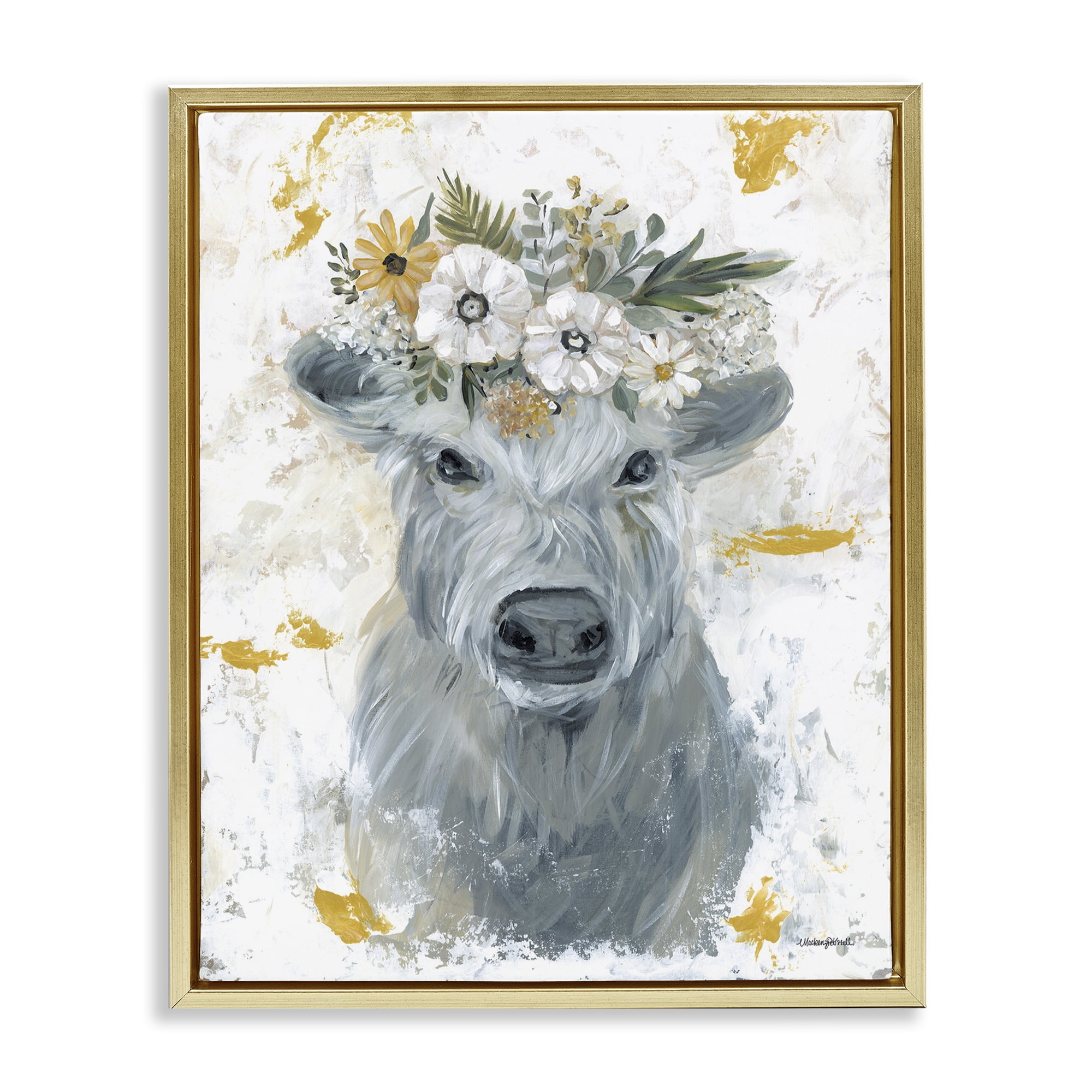 Stupell Industries Grey Cattle with Flowers Animals & Insects Painting Gold Floater Framed Canvas Art Print Wall Art, 25 x 31