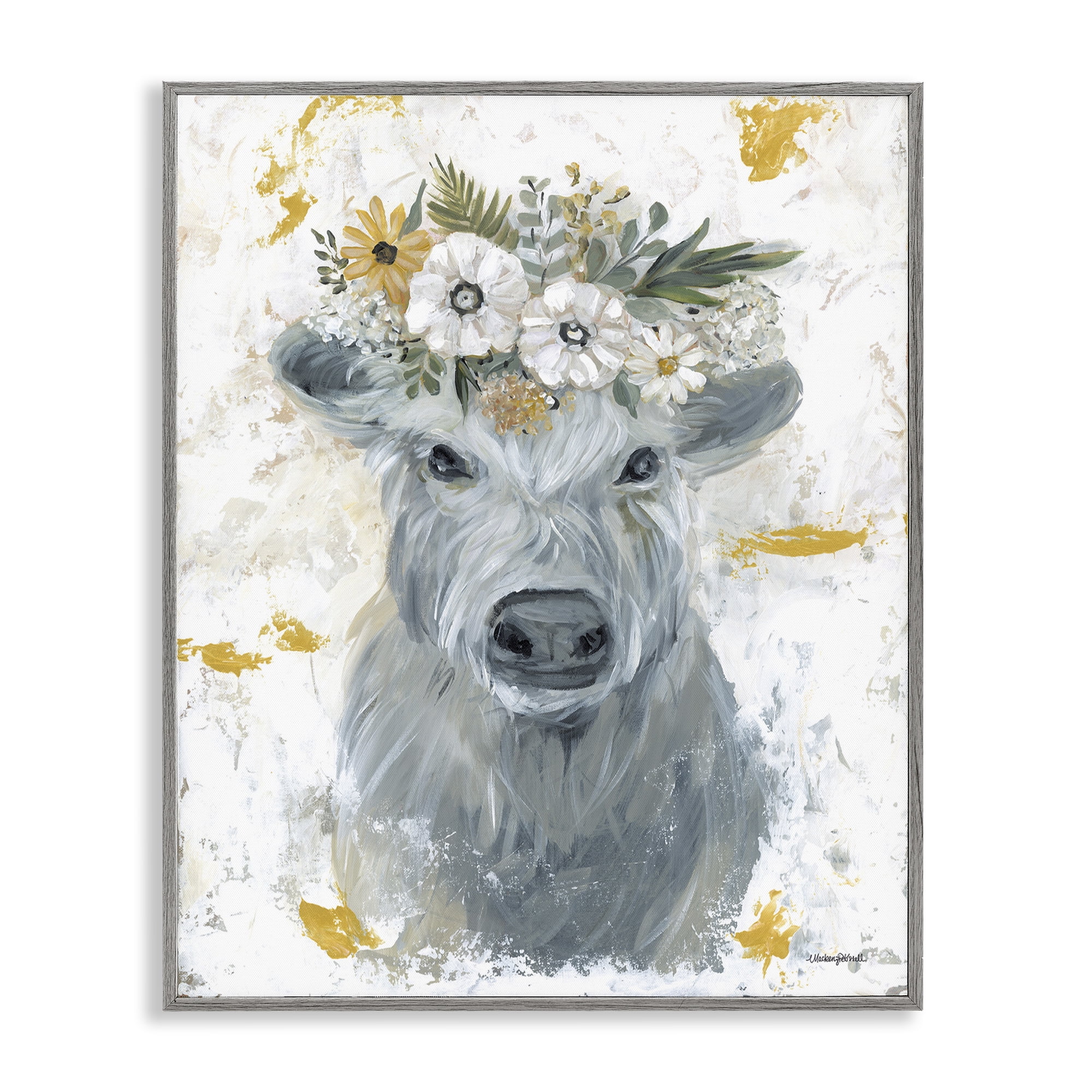 Stupell Industries Grey Cattle with Flowers Animals & Insects Painting Gray Framed Art Print Wall Art, 24 x 30