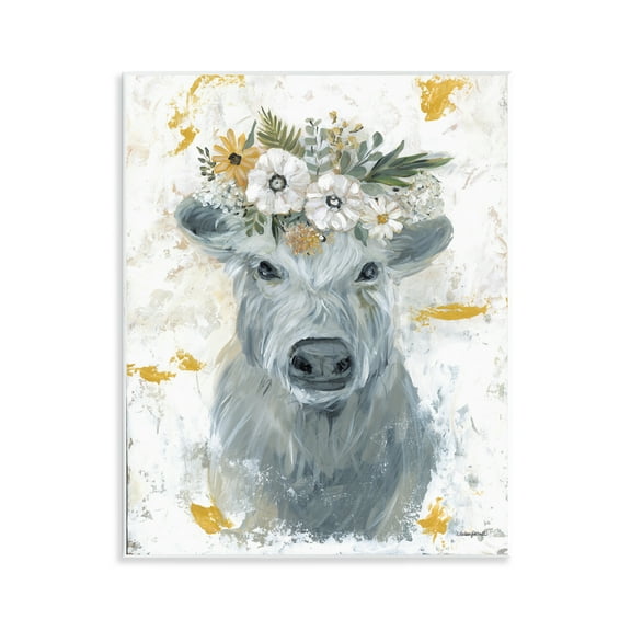 Stupell Industries Grey Cattle with Flowers Animals & Insects Painting Unframed Art Print Wall Art, 11 x 14
