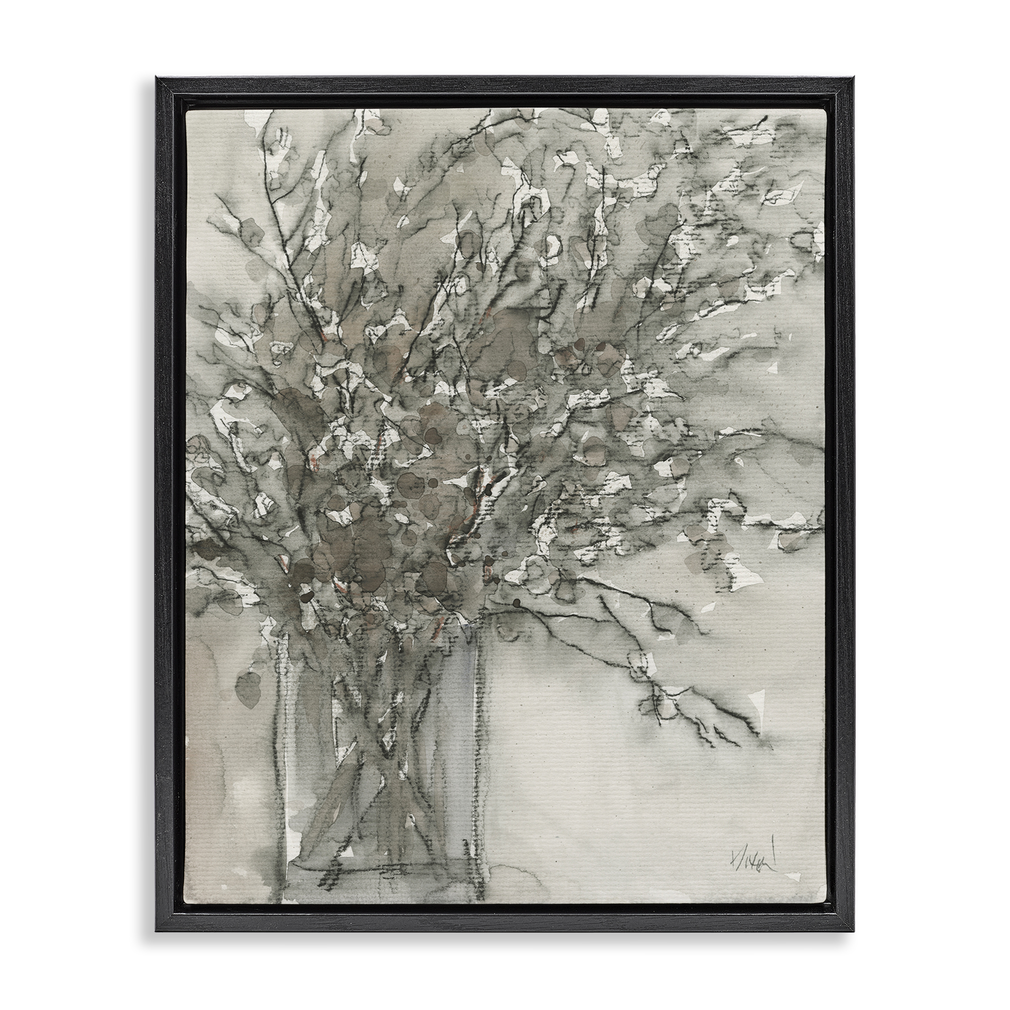 Stupell Industries Grey Charcoal Bouquet Plants & Flowers Painting Black Floater Framed Canvas Art Print Wall Art, 17 x 21